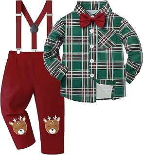 TALLWH Baby Toddler Boy Christmas Outfit Reindeer Printed Detachable Bow Shirt Top Suspenders Pant Sets Boys Christmas Outfit Price In India