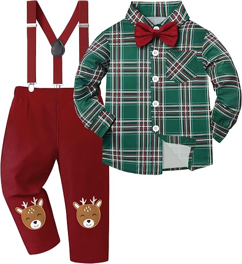 TALLWH Baby Toddler Boy Christmas Outfit Reindeer Printed Detachable Bow Shirt Top Suspenders Pant Sets Boys Christmas Outfit