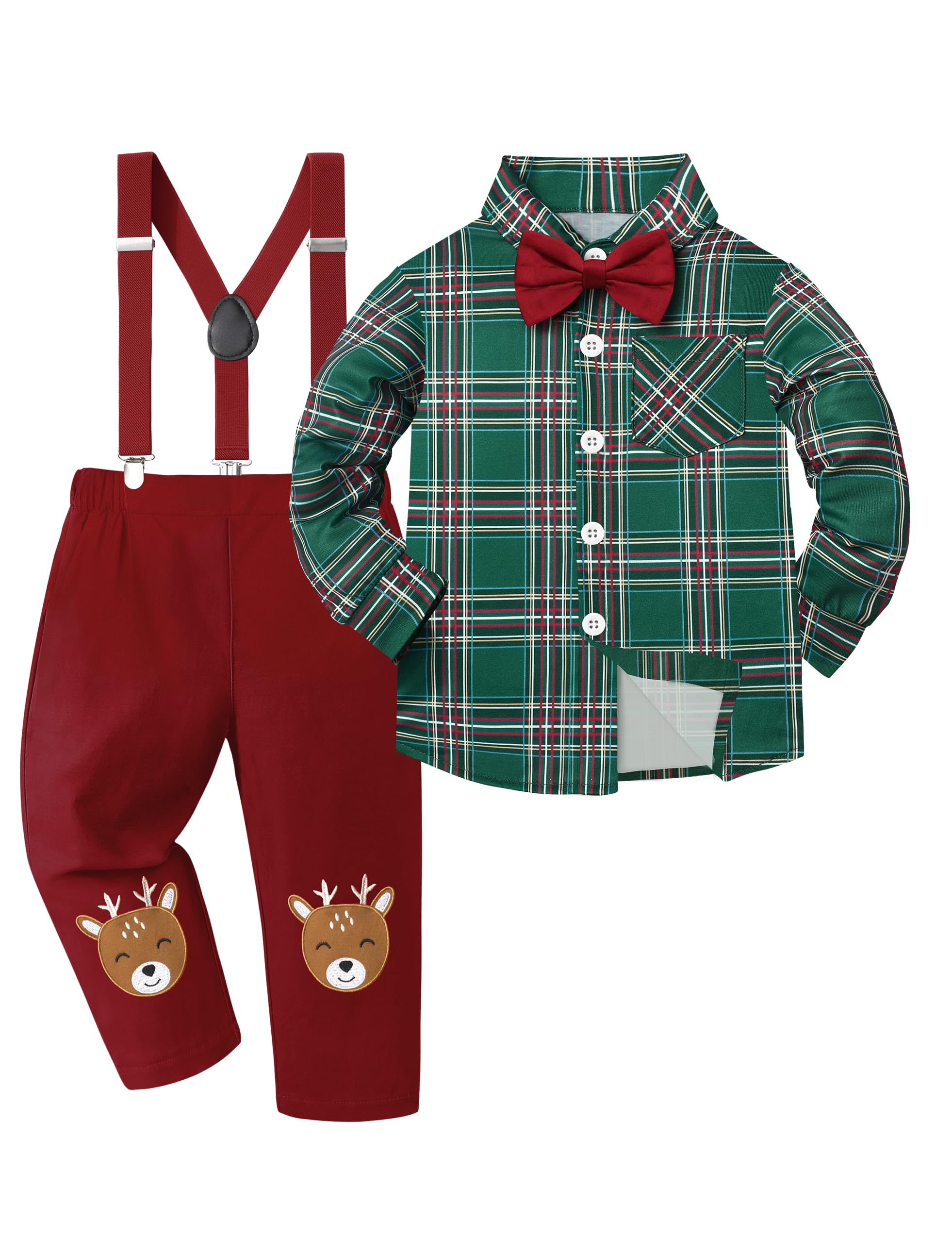 TALLWH Baby Boy Christmas Outfit - Plaid Gentleman Shirts With Red Bowtie + Reindeer Pattern Suspenders Pants (18 Month, 2T)