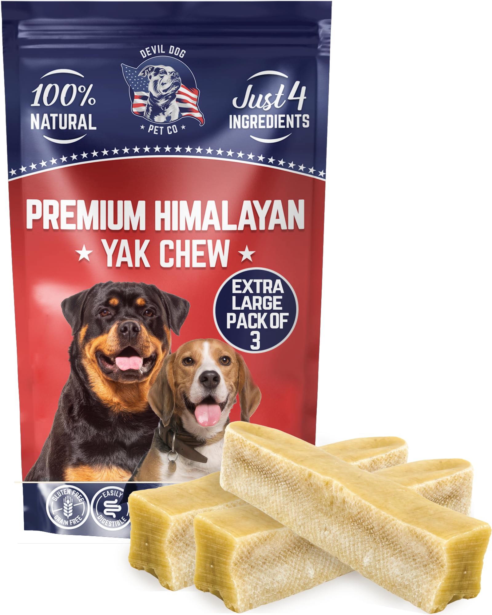 Devil Dog Pet Co. Himalayan Yak Cheese Dog Chews, Extra Large - 3 Pack, 100% Natural & Healthy, Lactose-Free, Long-Lasting Dog Treats, Premium Yak