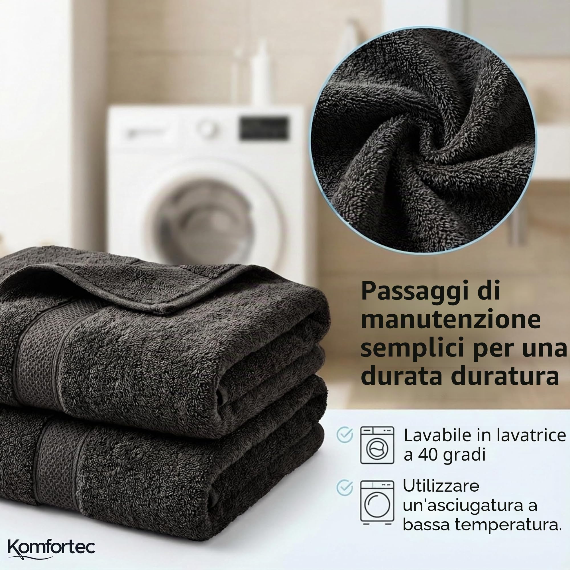 Komfortec Set di 8 asciugamani in 100% cotone, 4 teli da bagno 70 x 140 e 4 asciugamani da 50 x 100 cm, spugna, morbido, Towel, grande, nero/beige