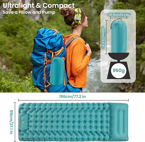 Miniatura 2 de Colchón autoinflable para acampar en tienda cama de camping inflable con bomba de pie incorporada para mochileros - 3 pulgadas extra gruesa cama de
