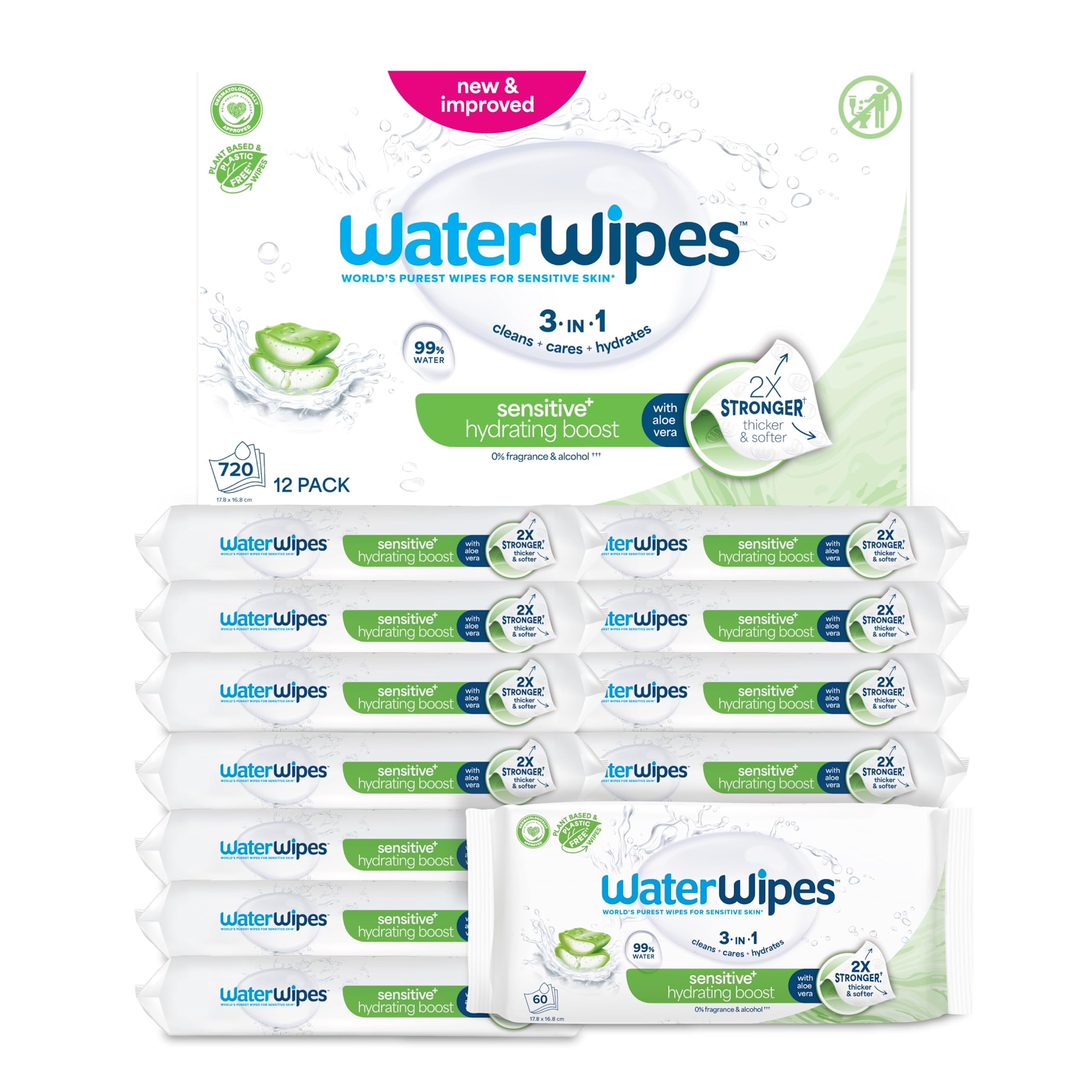WaterWipes Sensitive+ Hydrating Boost Wipes, 720 Pezzi (12 Confezioni), 99% Acqua con Aloe Vera, Deterge, Cura, Idrata, Senza Profumo, la confezione può variare