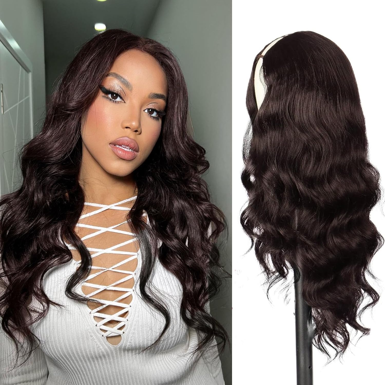 SCENTW V Part Wig Body Wave Synthetic Wigs for Women 24inch Dark Brown Hair V Part Wigs Upgrade U Parts Wig Glueless Full Head Clip in Half WIG for Black Women V Shape No Leave Out Thin Hair dark brown 24 Inch