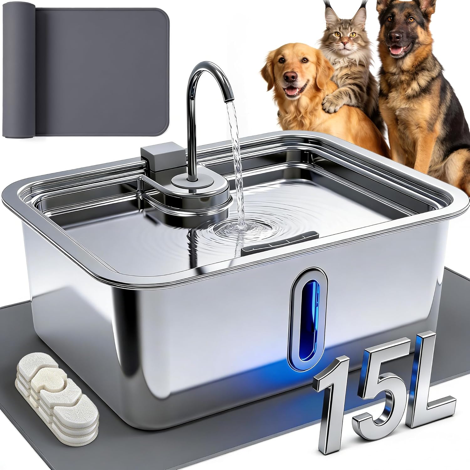 15L/4Gal Large Dog Water Fountain with Pet Feeding Mat & 3 Filters, Stainless Steel Pet Water Fountain for Dogs Cats, Dog Water Bowl Dispenser with Visible Window, Alert Light, Quiet Pump