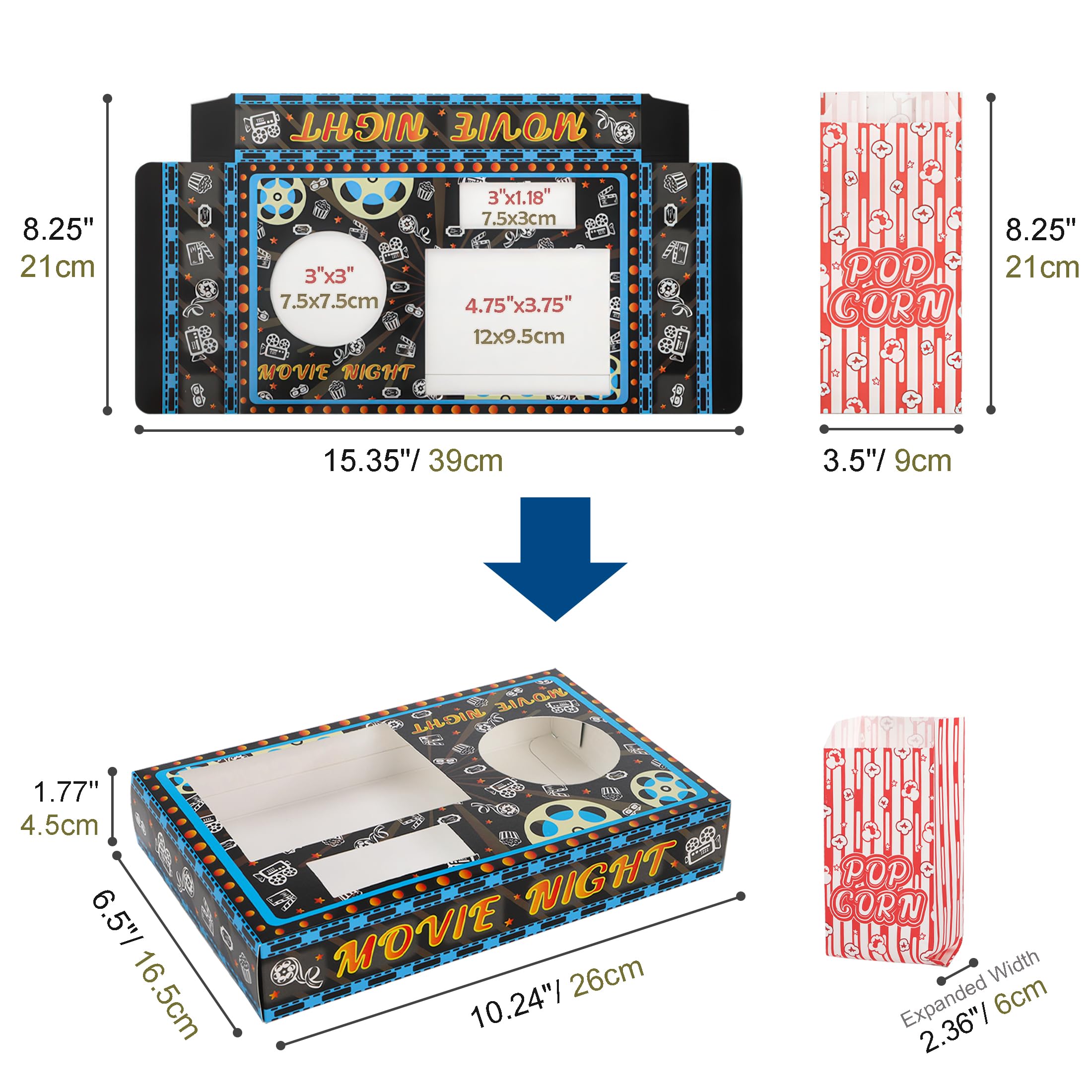 Kingrol Forniture per la notte del cinema, 100 pezzi, 50 vassoi per snack e 50 sacchetti per popcorn, usa e getta, per popcorn, caramelle, bevande, forniture per feste Home Theater e facile pulizia