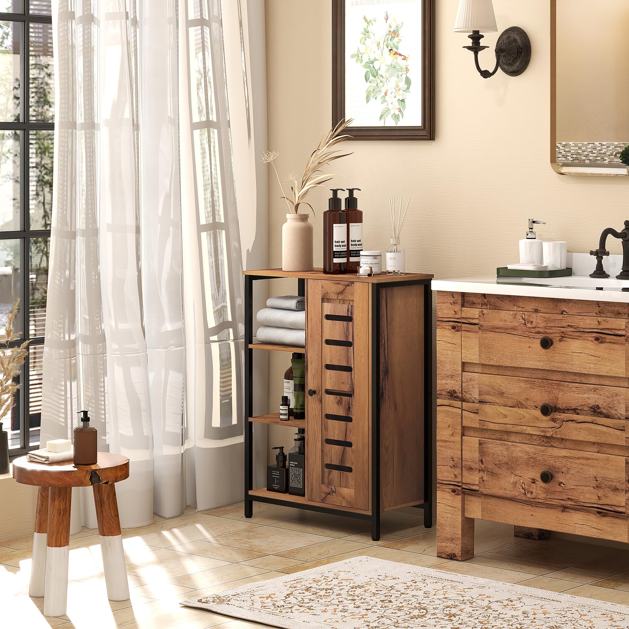kleankin Armario de Baño Estrecho, Columna de Baño con Puerta de Lamas y 3 Compartimentos Abiertos, Estante Ajustable, para Salón, Dormitorio, Entrada, 60x30x85 cm, Marrón Rústico