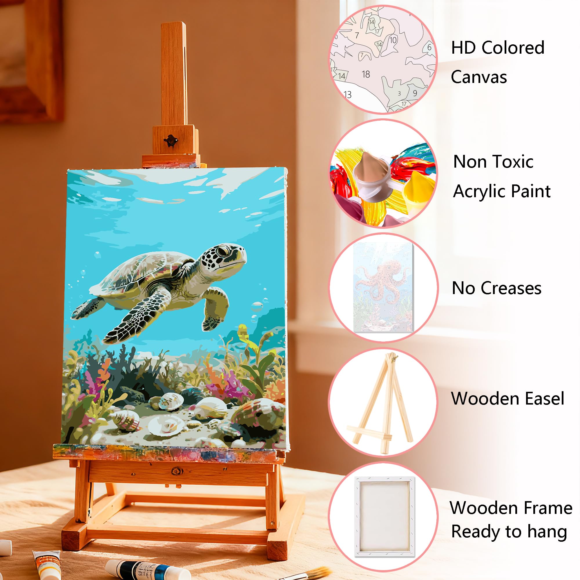 Fokenzary Kit de Pintura por Números para Adultos DIY Tortuga Marina Animal Marino Lienzo Conjunto para Principiantes con Caballete y Pinturas Acrílicas con Marco (20x30cm x 4pcs) — view 5