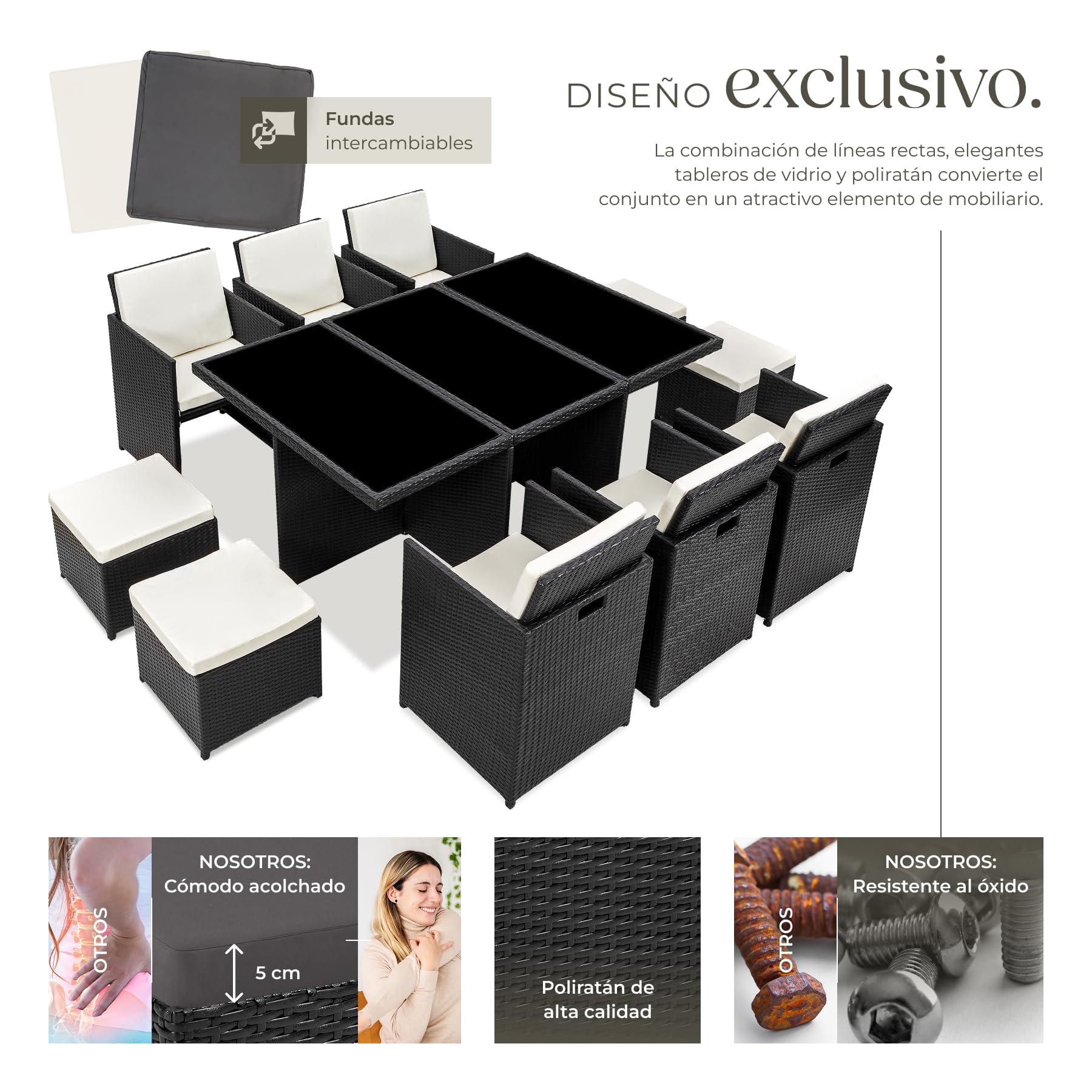 tectake® Conjunto Jardín Exterior de Ratán y Aluminio, Muebles Jardín Exterior Resistentes a la Intemperie, para hasta 10 Personas, con 2 Juegos de Fundas y Funda Protectora - Negro