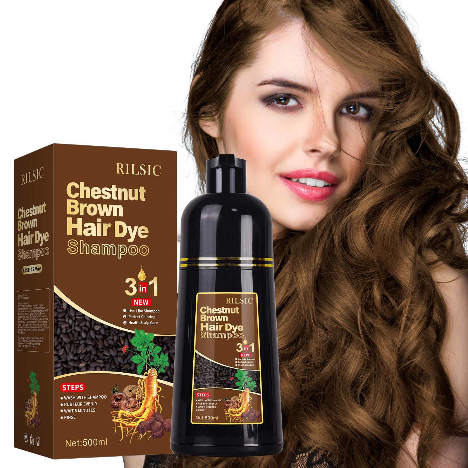 GFEUGS Haarfarbe Kastanienbraun Haarfärbeshampoo, 500ML Hair Dye Shampoo 3in1 Gegen Graue Haare, Hair Color Sofort Haarfarbe Shampoo Tönungsshampoo, Farbshampoo Haartönung für Männer Frauen