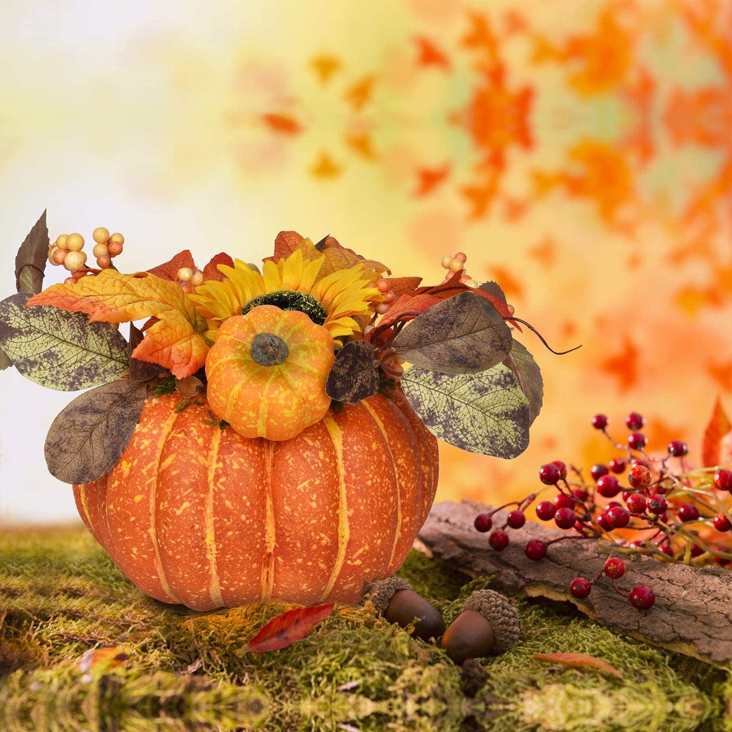 BigOtters 7 Inch Fall Pumpkin Decor - Artificial Pumpkin With Sunflower & Maple Leaves