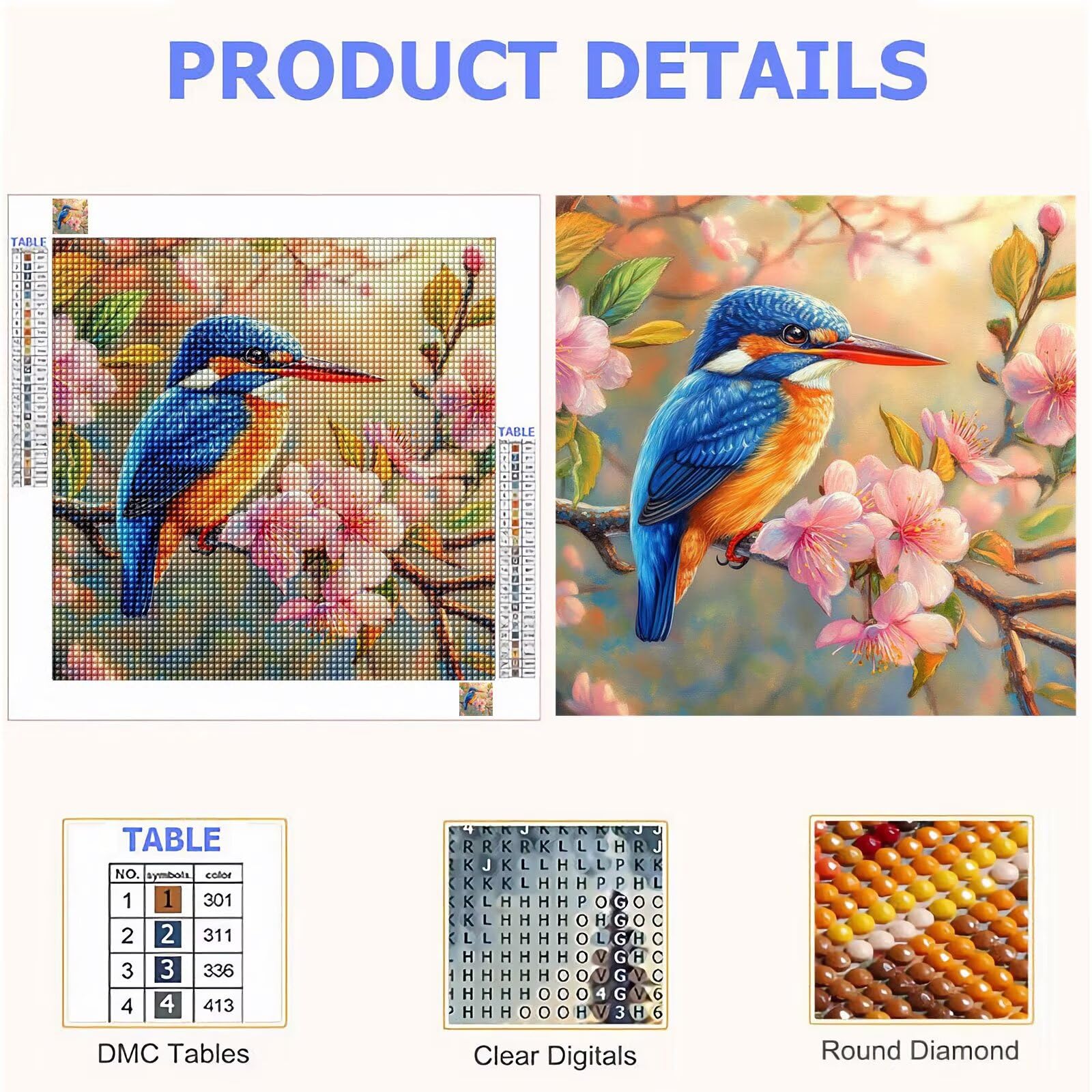 Broderie Diamant Kit Complet 5D, Oiseau Diamond Painting Adulte Plein Foret, Peinture Diamant pour Enfant Débutant, Loisirs Créatifs de Détente et Décoration Maison, Fleurs de cerisier 80x80cm FX#979
