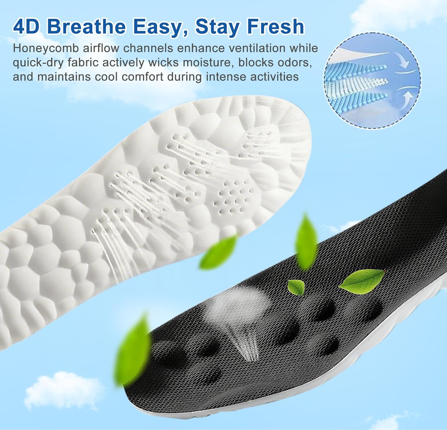 4D Cloud Insoles for Men Women, Memory Foam Boot Insoles, Comfortable and Breathable Massage Cushion Shoe Inserts with Arch Support, Trim to Fit All Shoe Types(2Pair-Black, Men 10-11/Women 12-13) - Image 2