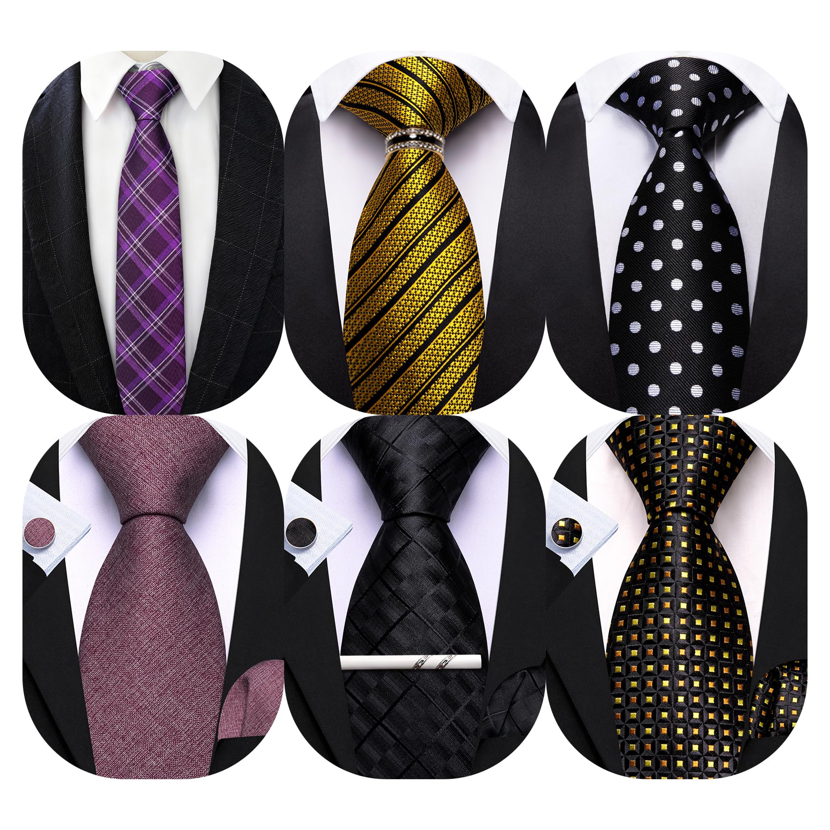 Barry.Wang Men 6PCS Tie Silk Gift Necktie Clip Woven Tie Sets Party