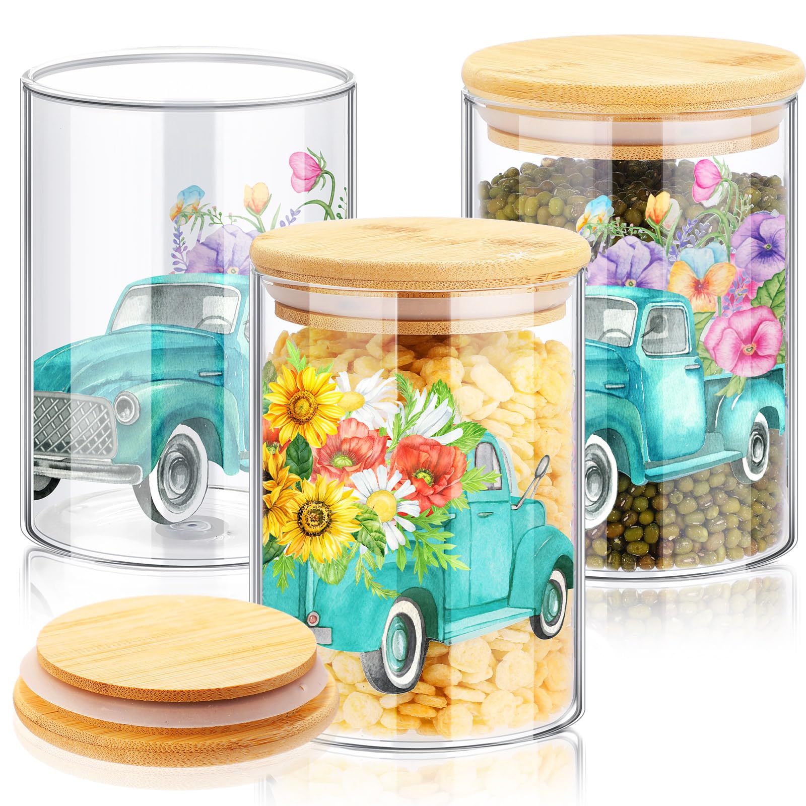 SiliFine 3 Pcs Spring Floral Glass Storage Jars with Airtight Lid Vintage Food Storage Canisters Set 22 oz for Spring Summer Home Kitchen Clear