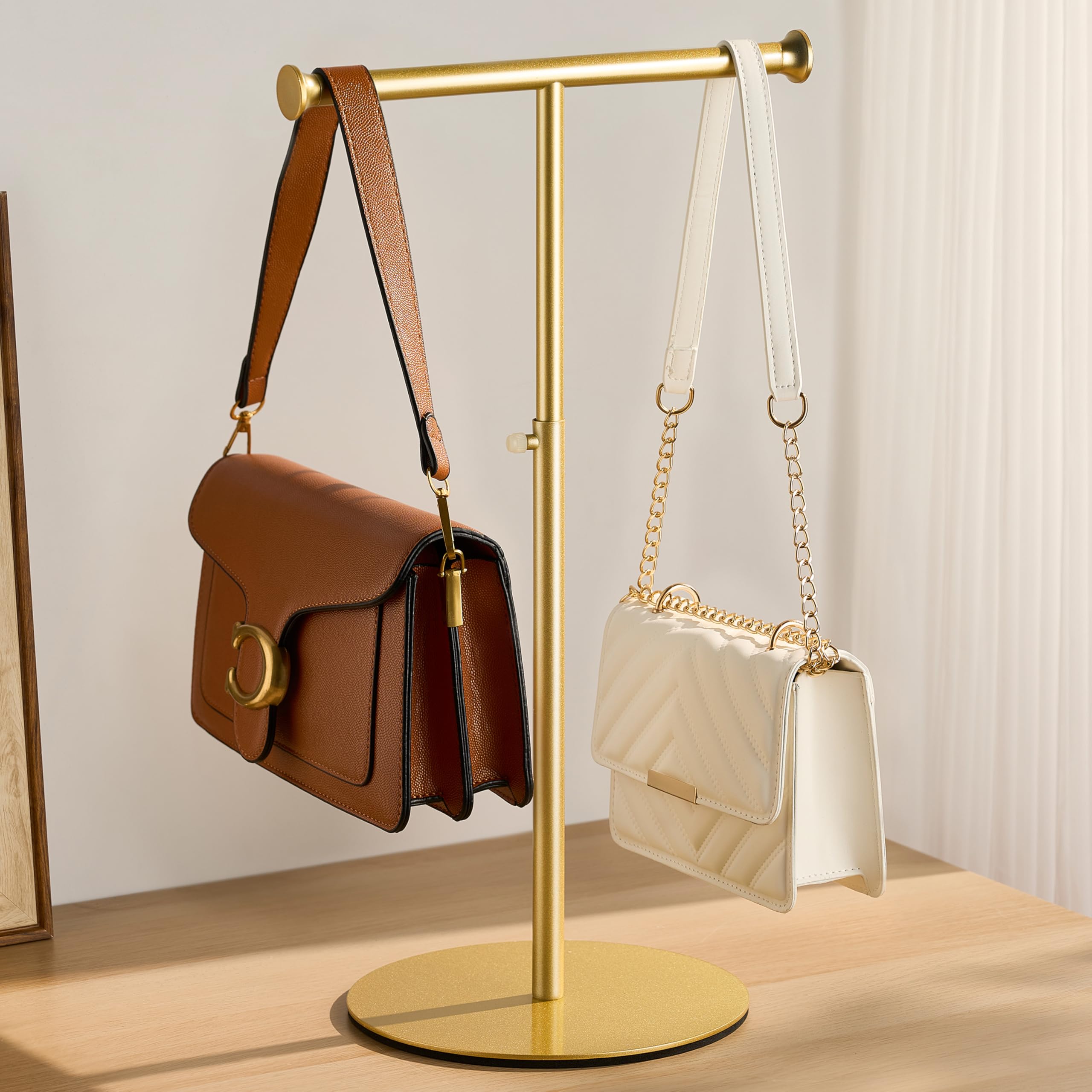 niffgaff T Bar Purse Display Stand Tabletop: Adjustable Height Handbag Holder, Countertop Hanging Rack for Long Necklace Scarf Lanyard, Gold