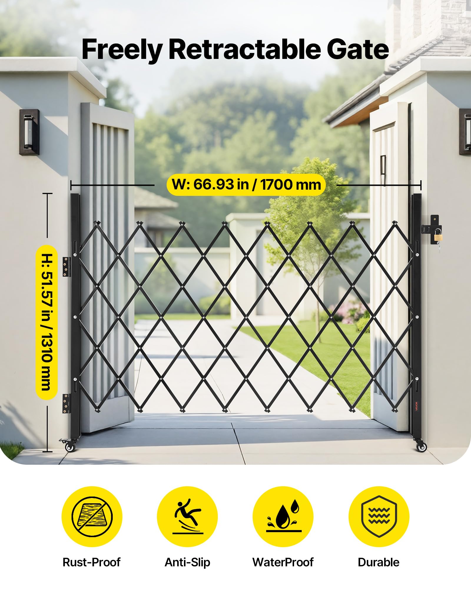 VEVOR Puerta de Seguridad Plegable Individual, Puerta Retráctil de Tijera de Acero 170 x 131 cm con Cerradura y Ruedas Giratorias de 360° para Seguridad de Entrada, Garaje, Almacén y Piscina