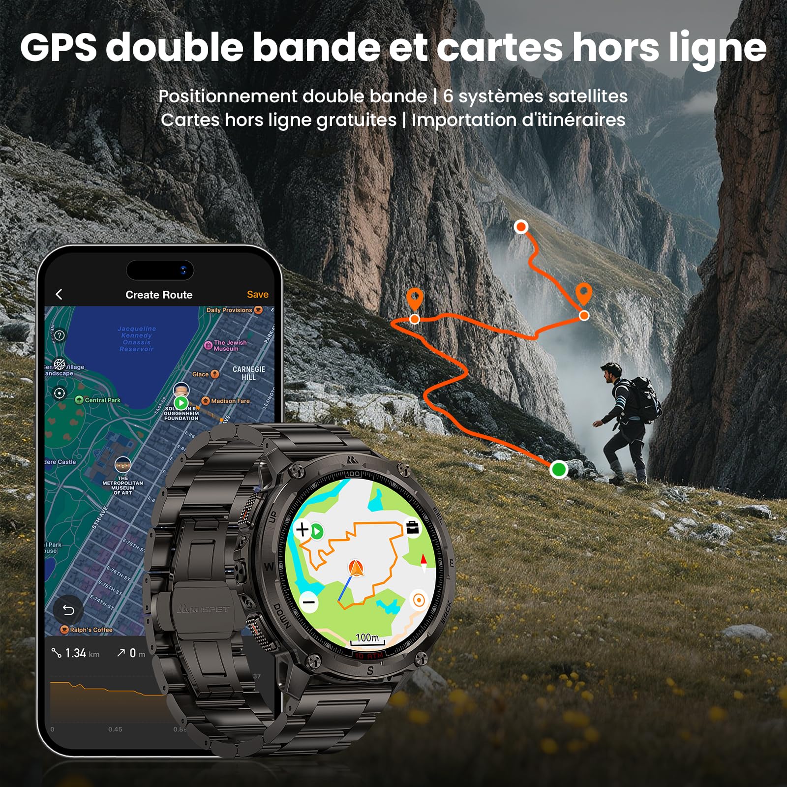 KOSPET Tank T4 Special Edition, Montre Connectée Homme, GPS, Bracelet Acier | Cartes Hors Ligne, Acier Inoxydable, Étanchéité 10 ATM, Plongée 45M, IP69K, Moniteur de Fréquence Cardiaque & Sommeil, AMOLED