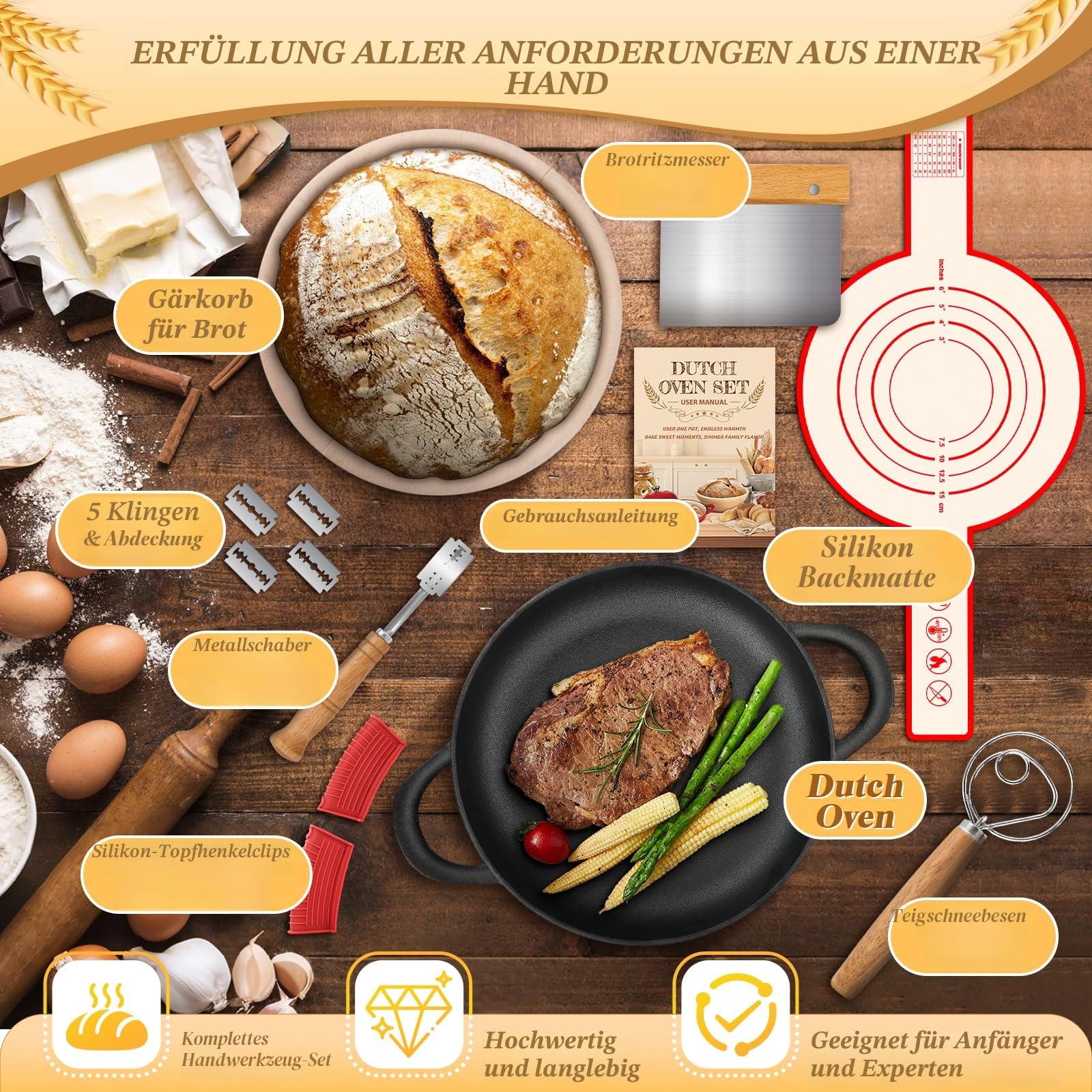 NZQXJXZ Gusseisen Topf Brot Backen 5.7L, Brotbackform mit Deckel, 26 cm Dutch Oven mit Brot Gärkorb Set, Brotbacktopf, Schmortopf Gusseisen Topf für Braten Küche Schmoren Backen
