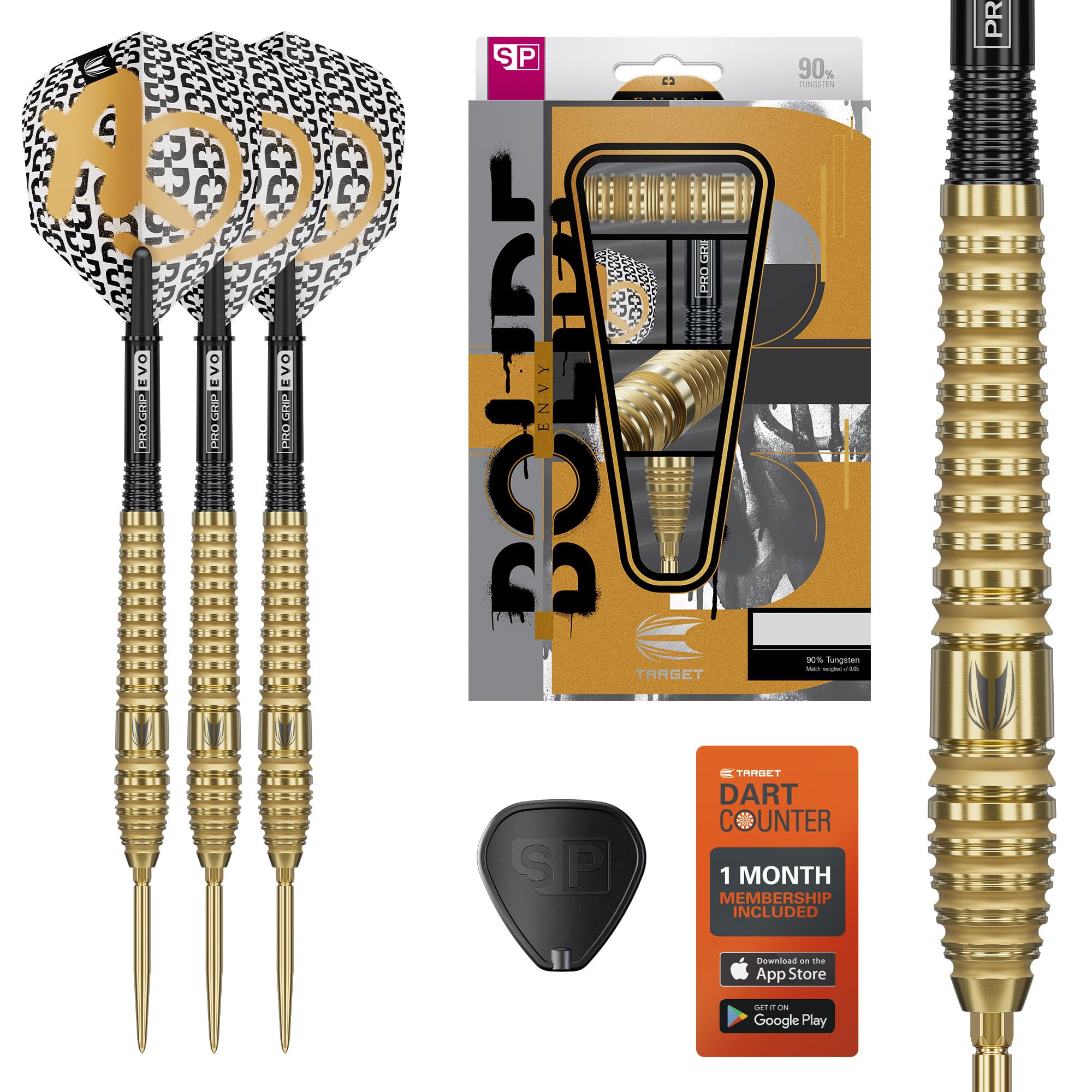 Target Darts Bolide Envy 90% Tungsten Swiss Point Steel Tip Dart Set (Barrel 01/02/03/04/05), 21G/22G/23G/24G/25G/26G | No.6 Flights & Pro Grip EVO