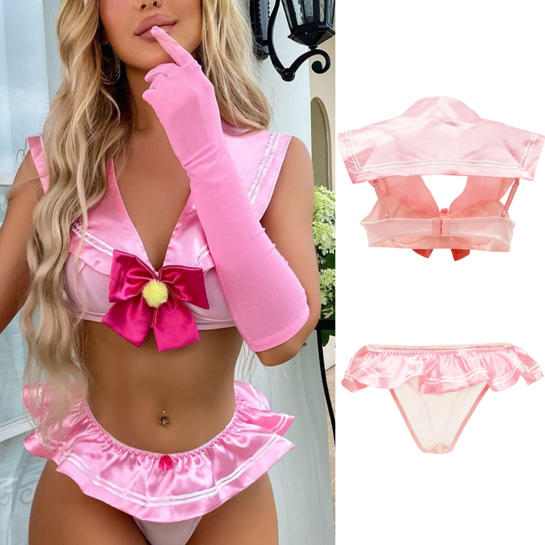 Niegrzeczne stroje Cosplay Deep V, kostium marynarza do odgrywania ról, komplet bielizny Anime Cosplay 4 szt., top z kołnierzykiem marynarskim + spódnica + stringi + rękawiczki (różowy)