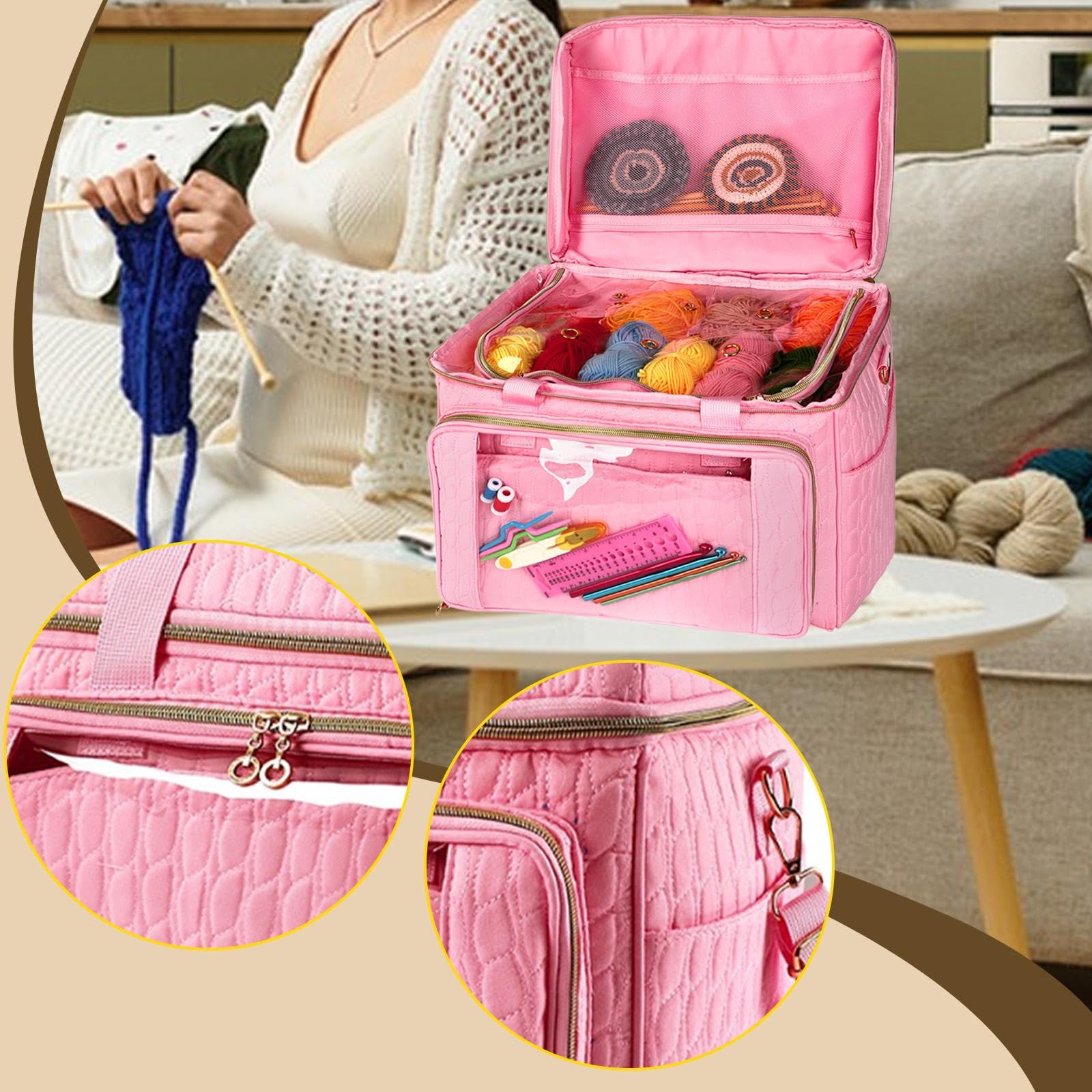 Bolsa para Bolsa para Organizar Estambre Estuche para Ganchillos Bolso de Tejer con Múltiples Bolsillos Tela Resistente Adecuada para Manualidad, Rosa, Individual