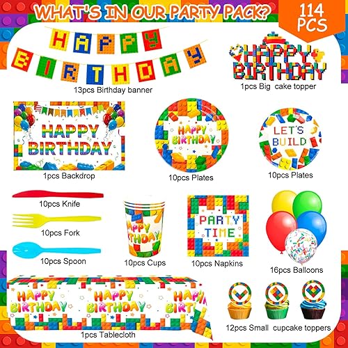 Miniatura 6 de Building Blocks Birthday Party Supplies, 10 Guests Building Blocks Tableware Set Building Blocks Party Plates Napkins Backdrop Balloons etc Building
