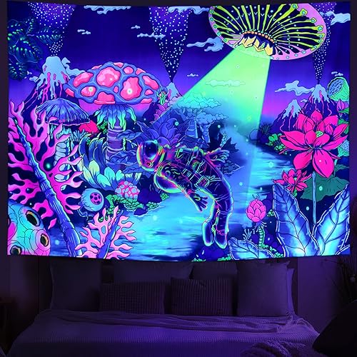 Amhokhui Tapiz de astronauta de luz negra, tapiz de plantas de fantasía reactiva a los rayos UV, tapiz de ovni alienígena, tapiz colorido floral de