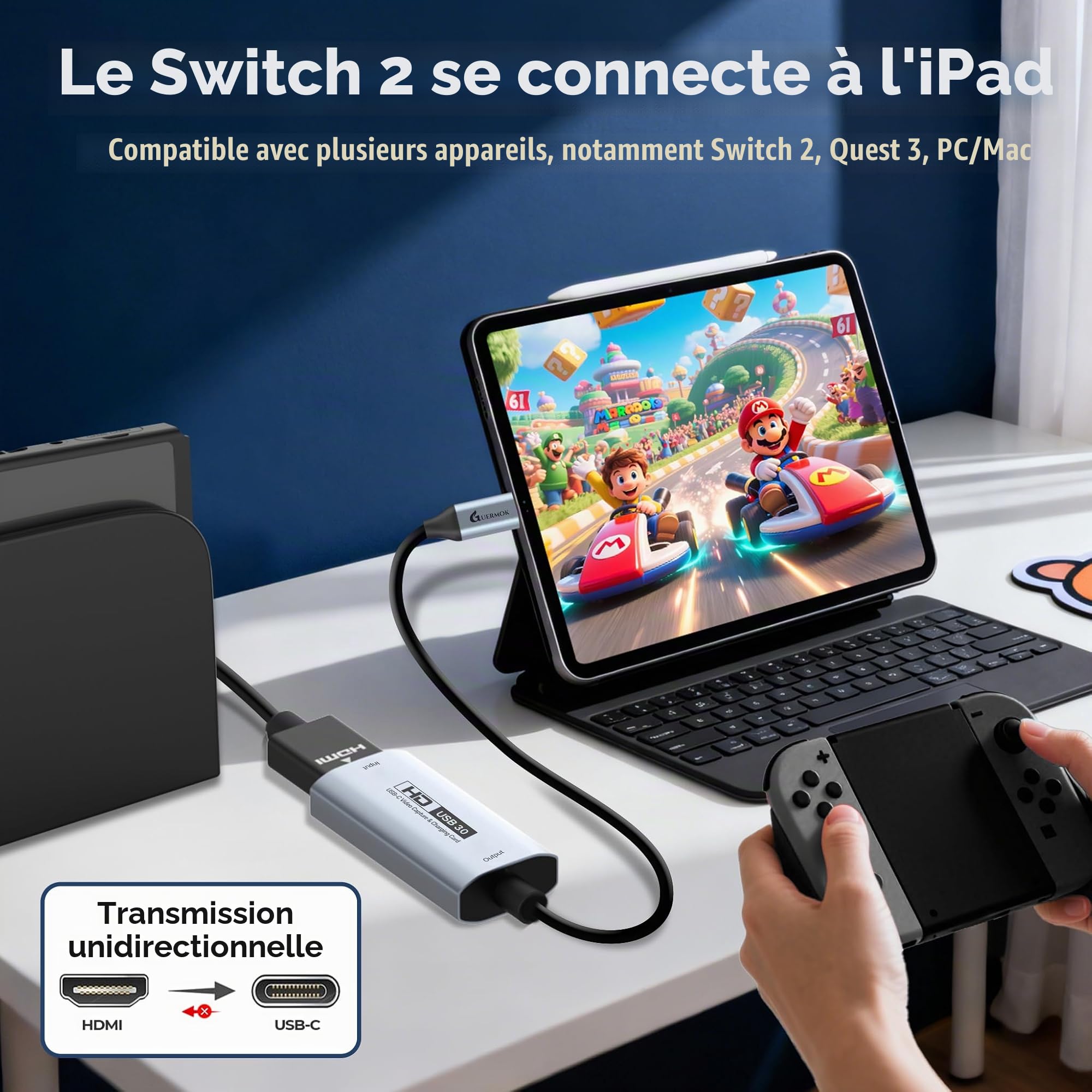 Guermok Carte de Capture vidéo USB 3.0 avec PD 100W, 1080P@60FPS HDMI vers USB-A/C, avec Adaptateur Type-C, pour Le Streaming sur Quest 3 / Pad/MacOS/Switch2/1/ PS 4/5, Argent