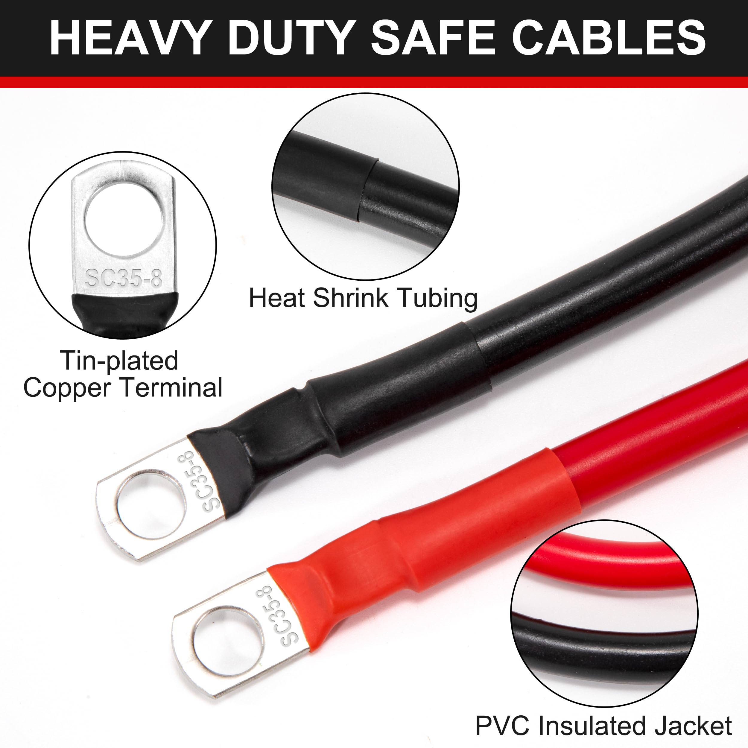 Cavi Batteria Auto 50cm 35mm² 2AWG 12V con Capicorda M8 per Camion Moto Marina Solare Nero e Rosso