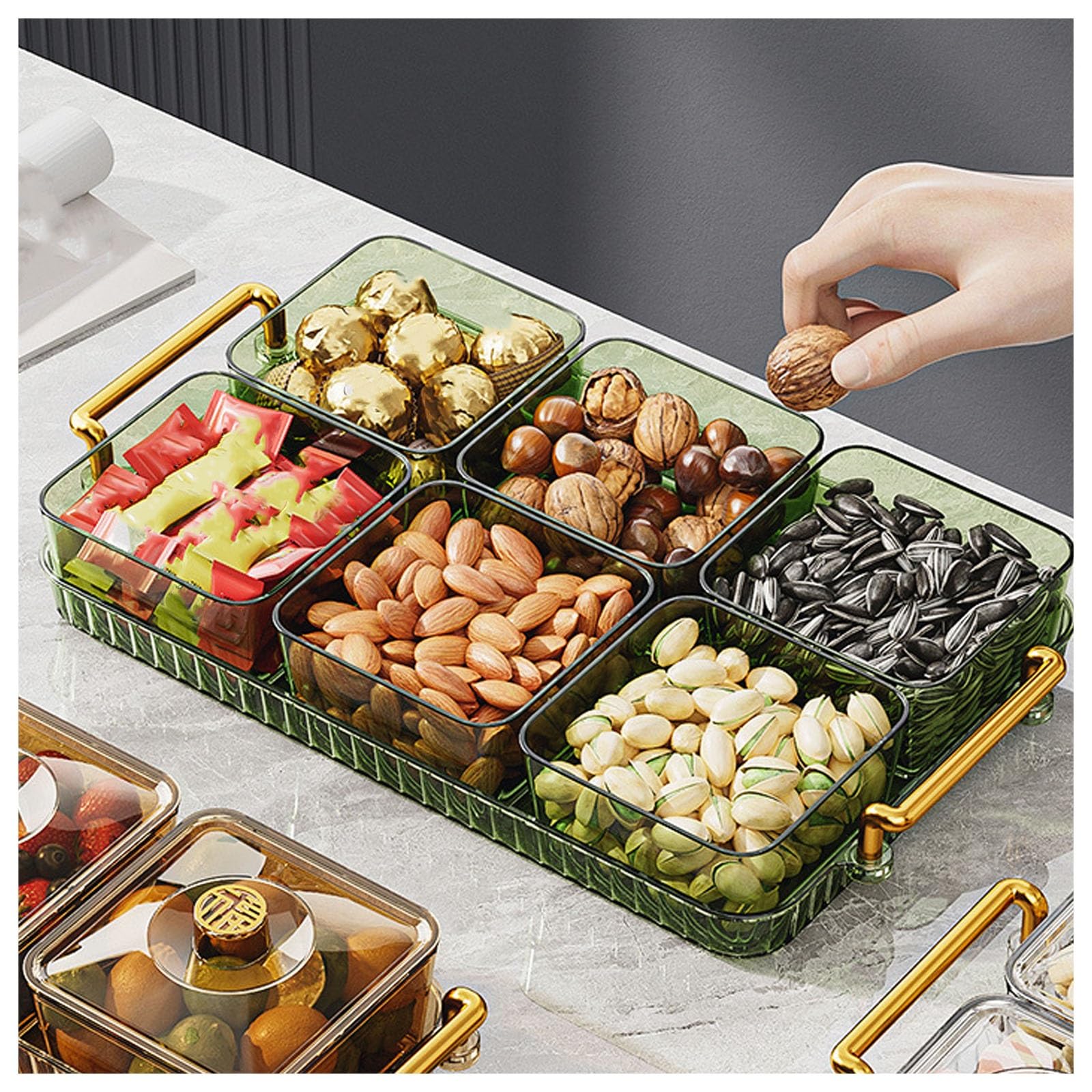 Plateau de Service Nero avec Couvercle, boîte à 6 Compartiments pour Fruits secs et Amuse-Gueules, Noix et Fruits secs - Idéal pour Les fêtes et Les réunions