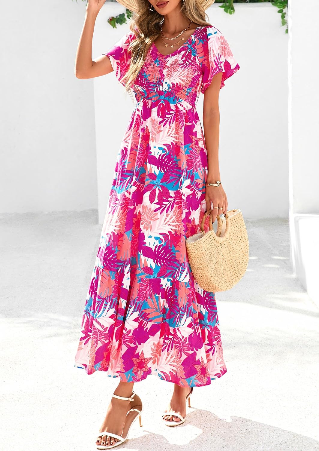 PRETTYGARDEN Boho Dresses for Women 2026 Summer Floral Short Sleeve V Neck Smocked Flowy Beach Vacation Maxi Dress - Image 8