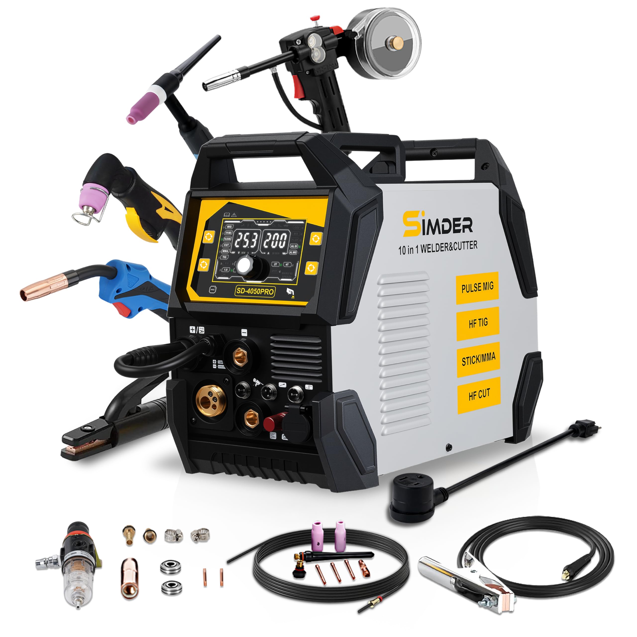 SSimder 200A 10-in-1 Plasma Cutter Welder Combo with Spool Gun, Pulse MIG for Aluminum, Synergic Flux Core MIG, HF TIG, Stick, 110V/220V Dual Voltage Multiprocess Welding Machine