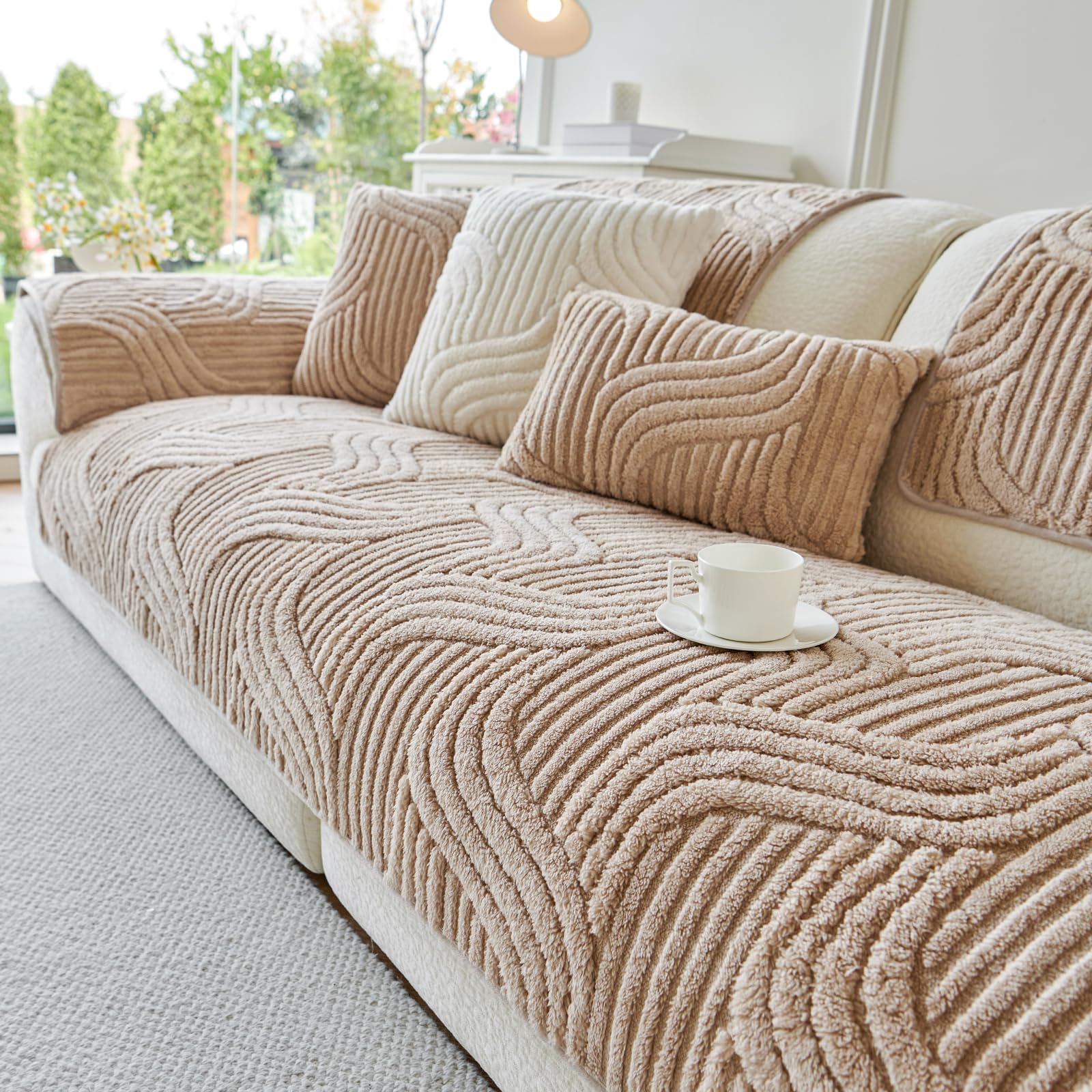 tianxinbaobei Sectional Sofa Covers Washable, Plush Stripe Couch Cover for Sofas, Non Slip Couch Cover for Large 4 Cushion Sofa, L Shape Sofa Slipcover for Pet Dog Furniture Protect(1PC,35"x94",Khaki)