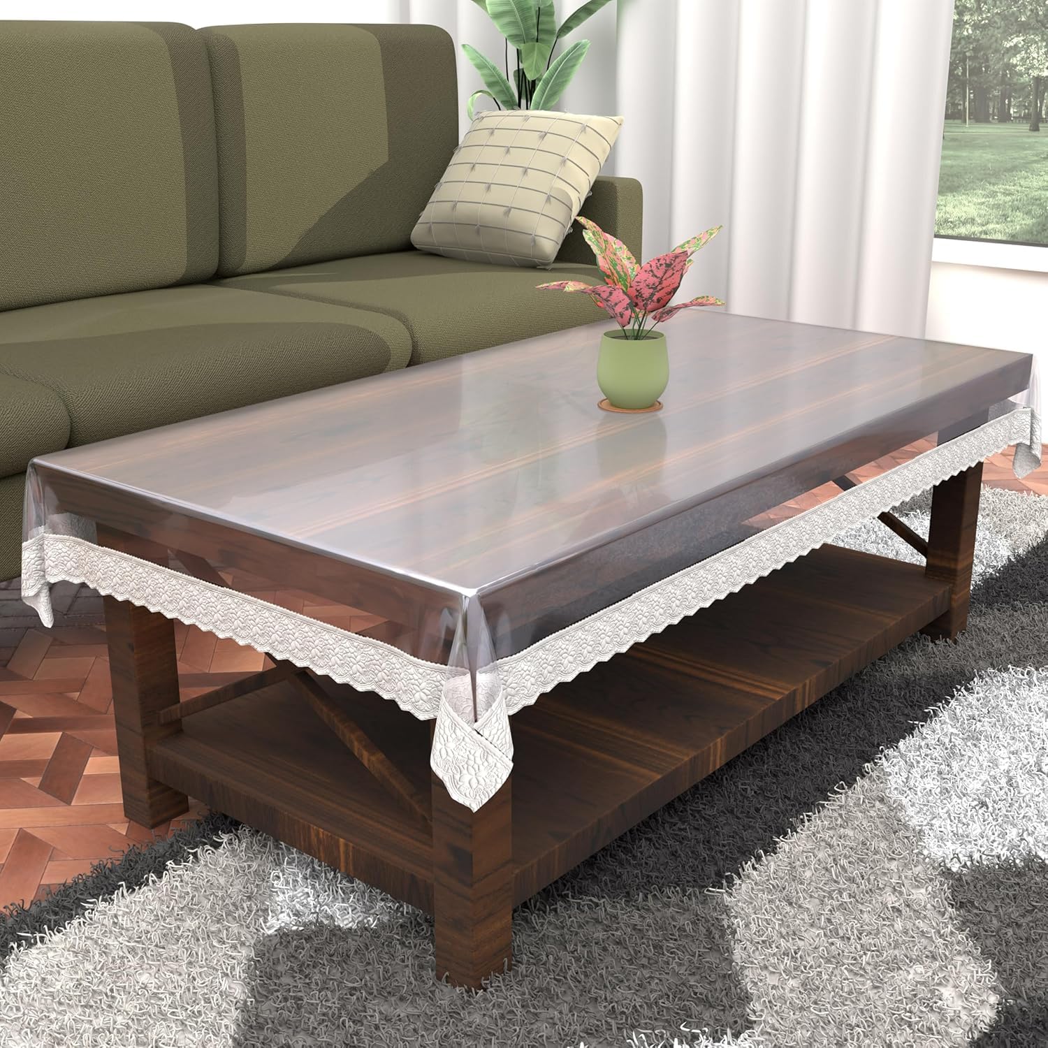 plain transparent plastic center table cloth| waterproof pvc clear 2-4 seater center table cover for home decor| dustproof & anti slip table cover with white lace (size 40x60, rectangular, pack of 1)