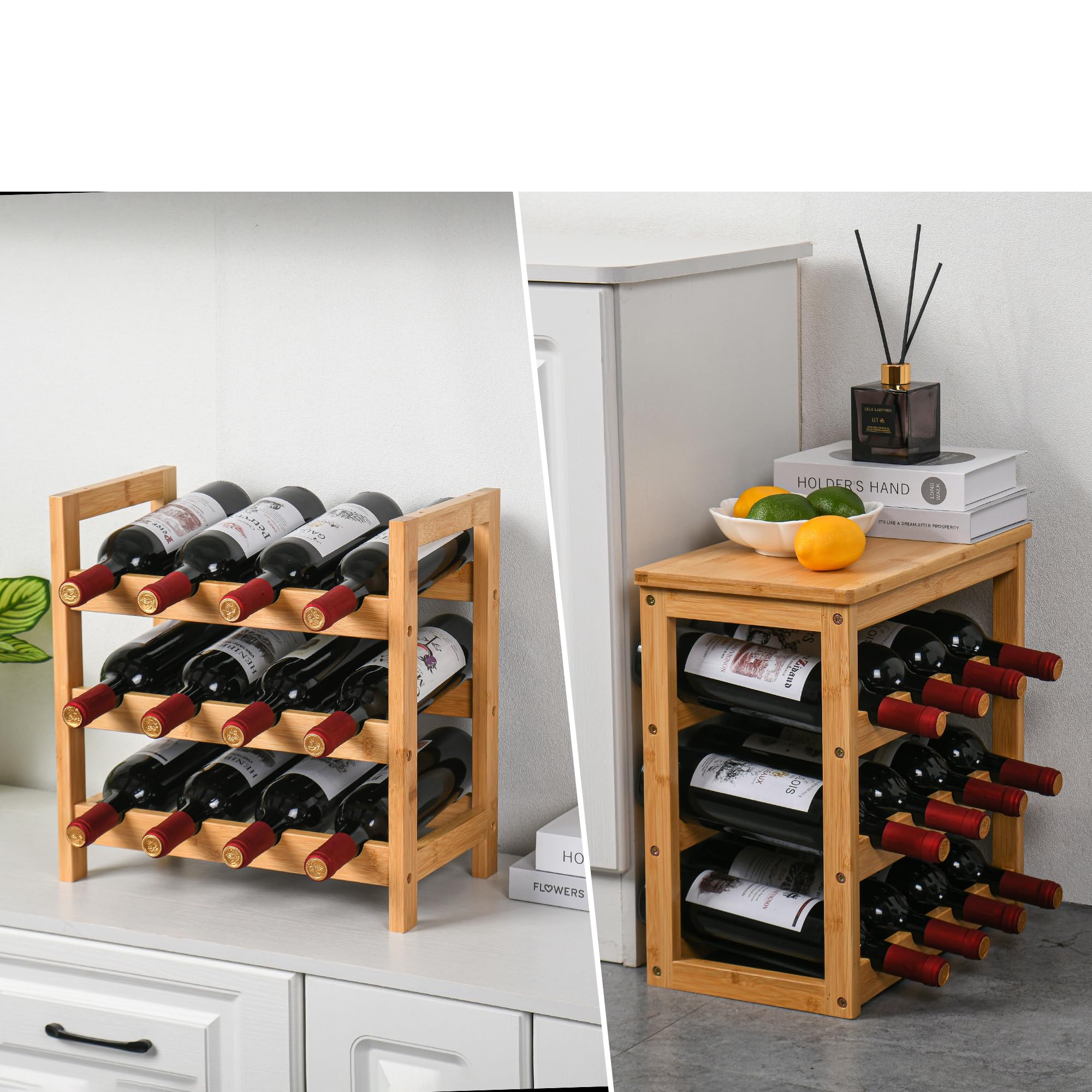 VASMIA Weinregal aus Bambus für 24 Flaschen, Flaschenregal mit 6 Etagen für Keller,Küche, Bar, Esszimmer, Flaschenhalter Holz mit Tischplatte 41 x 24 x 81 cm,Natürlich