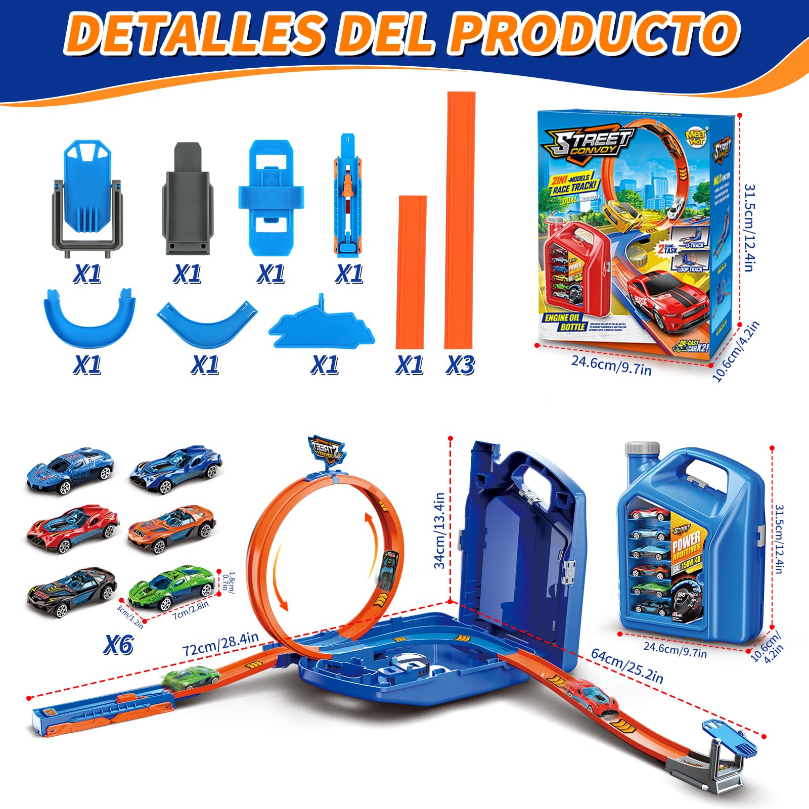 Charmofun Pista de Coches para Niños, 2 in 1 Pista de Coches con 6 Coches, Caja Almacenamiento, Pista de Carreras con Pista en Bucle y U, Juguete Pistas Portátil para Niños 3+ Años (Azul)