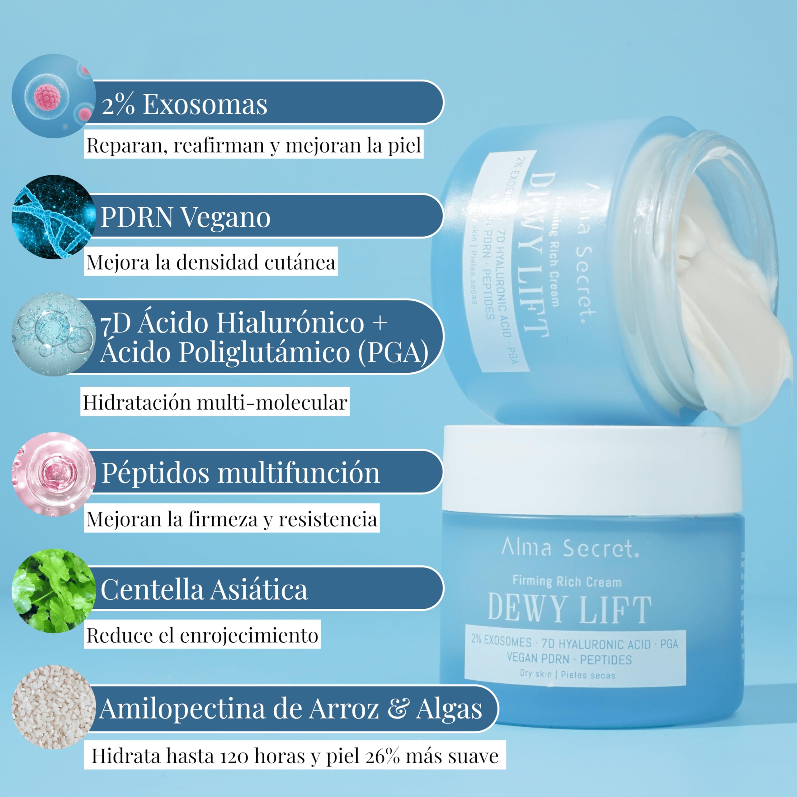 ALMA SECRET | Dewy Lift Rich Firming Cream | Crema de día reafirmante, redensificante e hidratante con 2% Exosomas, PDRN Vegano, 7D Ácido Hialurónico y PGA | 50 ml (Piel seca)