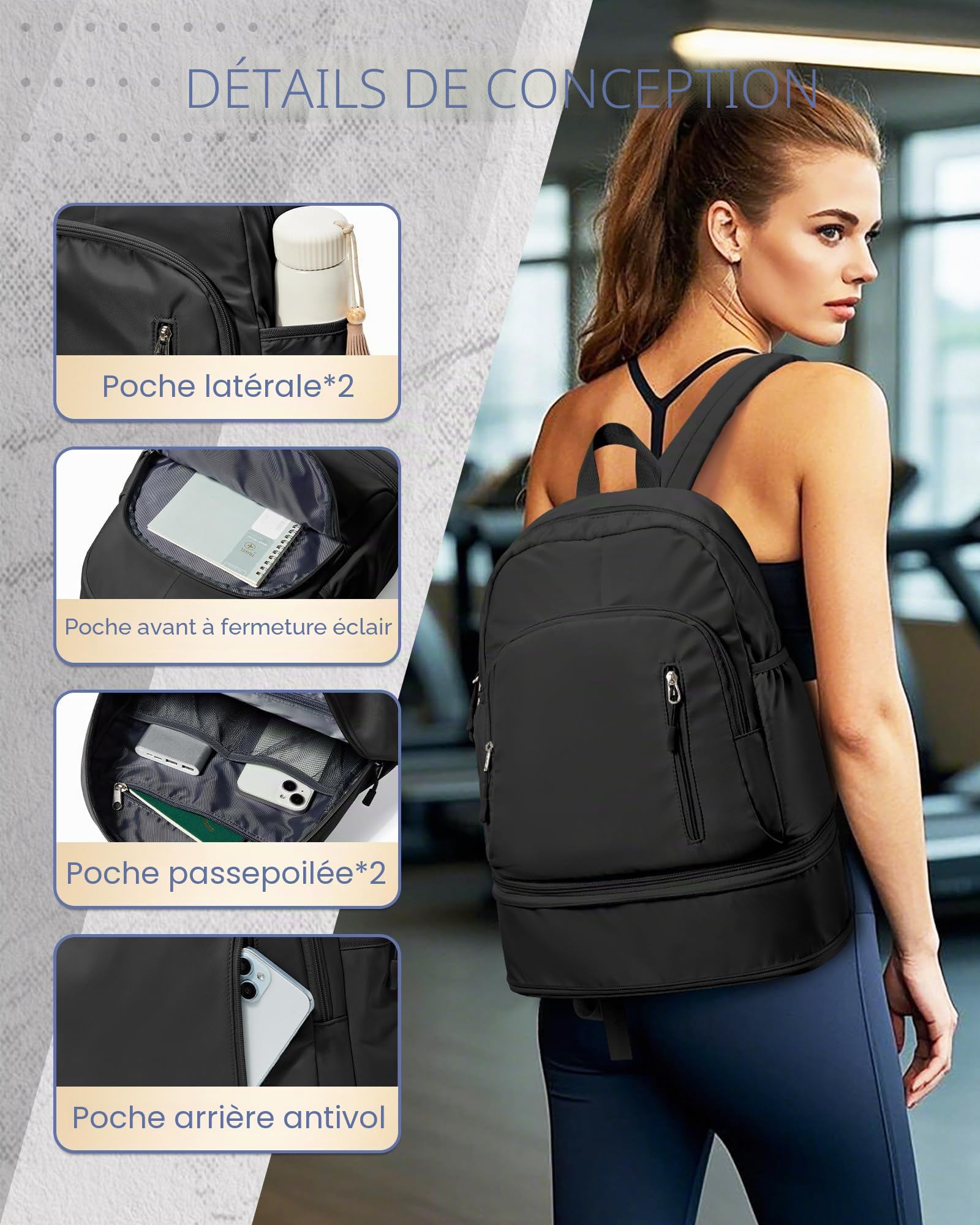 Sac a dos Sport Pour Femme Sac à dos Imperméable Avec Compartiment à Chaussures Sacs à dos Loisir Le Sport pour Le Aptitude Voyage Nager Randonnée Multifonction Homme,Noir