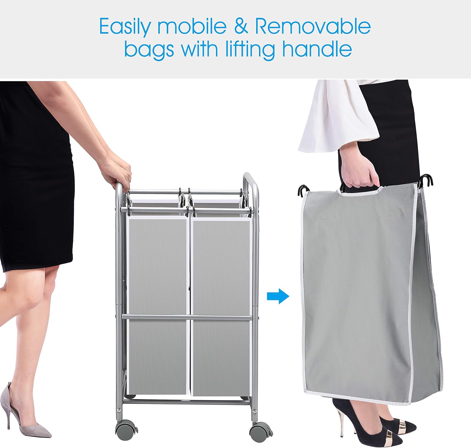 Simple Trending Heavy Duty 2-Bag Laundry Hamper Sorter Cart with Rolling Wheels, Silver
