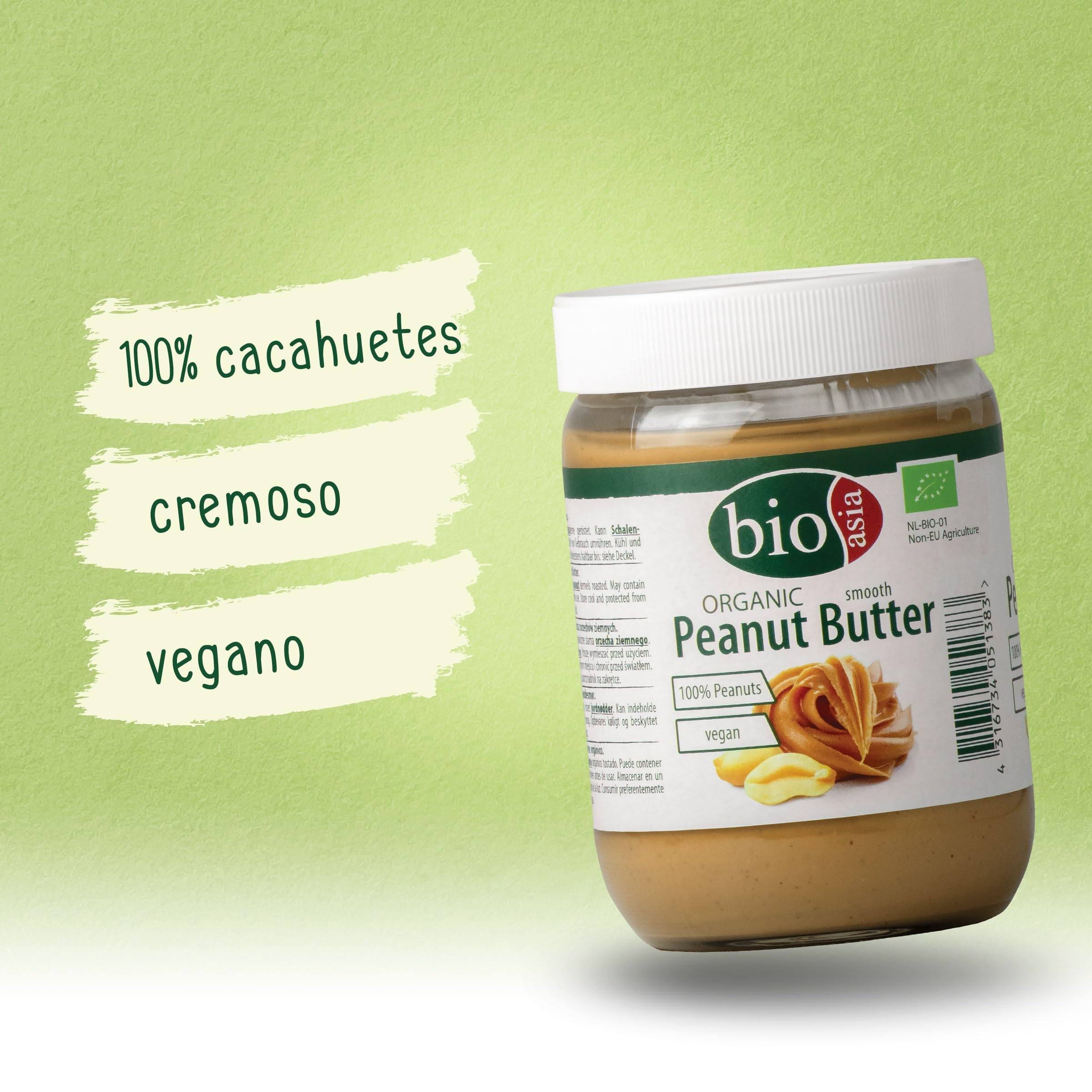 BIOASIA Crema de cacahuete ecológica – Peanut Butter – hecha con 100 % cacahuetes tostados, cremosa, sin aditivos, en tarro de cristal, vegana y sin gluten, 500 g - 2