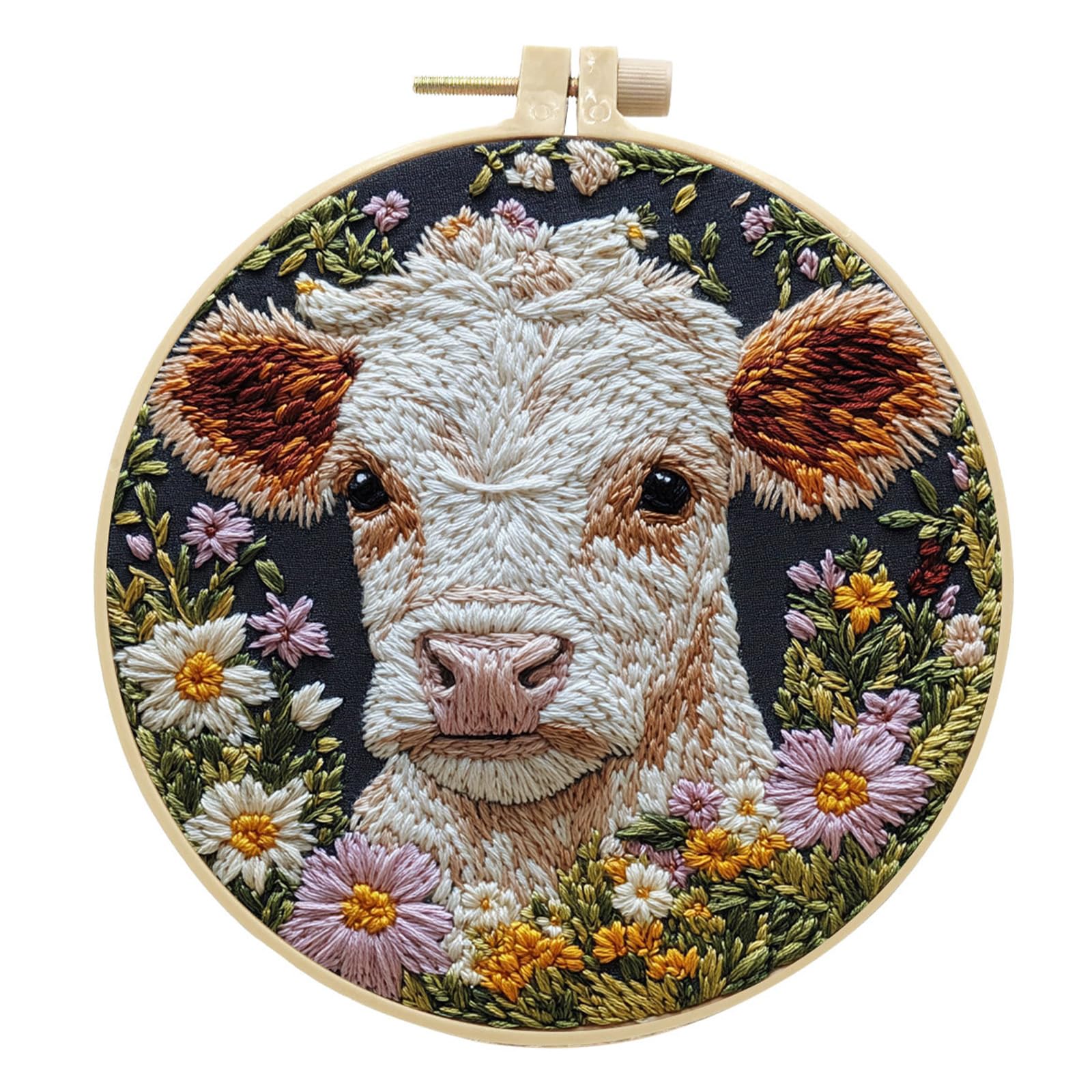 InteDesign Embroidery Kits for Beginners, DIY Embroidery Starter Kit with Cute Highland Cow Daisy Flowers Plants Pattern Instruction,Bamboo Hoops, Threads and Needles (Cattle)