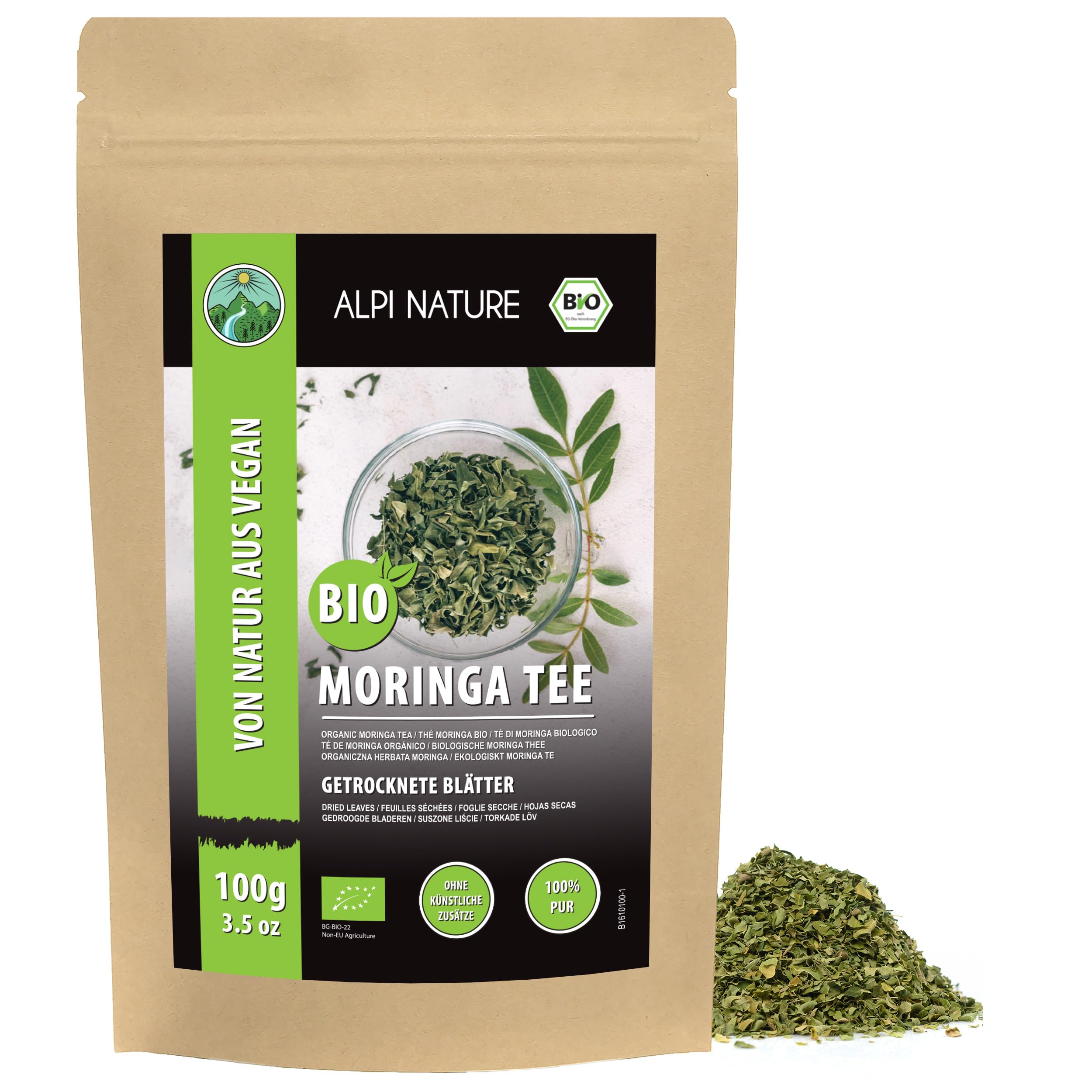 Alpi Nature Ekologiczna Moringa 100g, Suszone i Cięte Liście Moringi, Ziołowa Herbata Liściasta