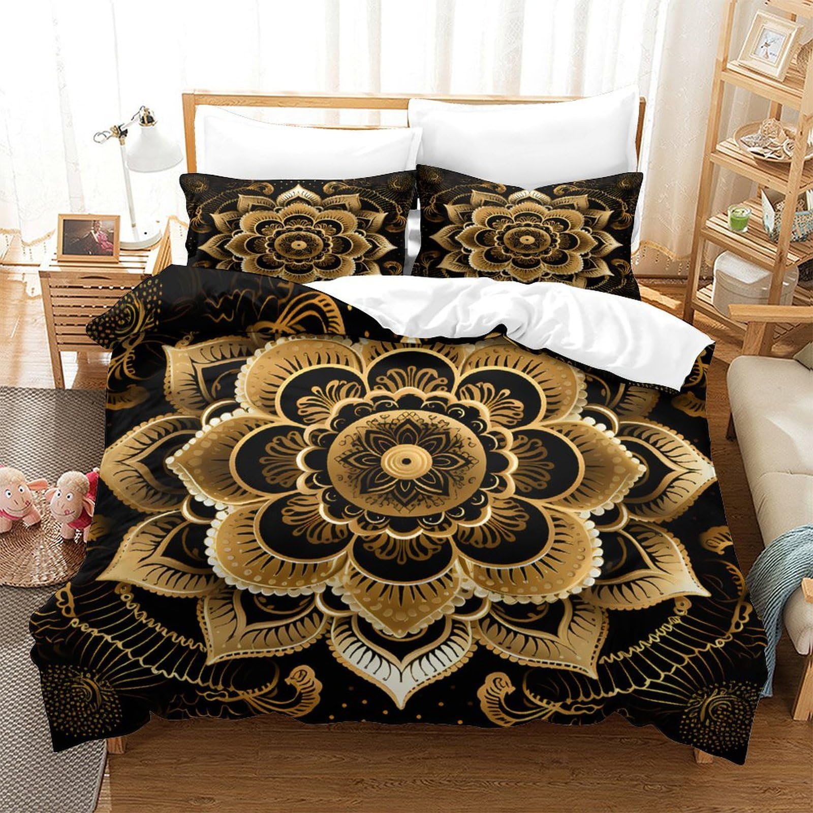 Stampa 3D Golden mandala Fodera copriletto Biancheria per letto Con federa Duraturo Ornate decorative art Rivestimento copriletto Morbido per studenti giovani coppie adolescenti Super king（260x220cm）