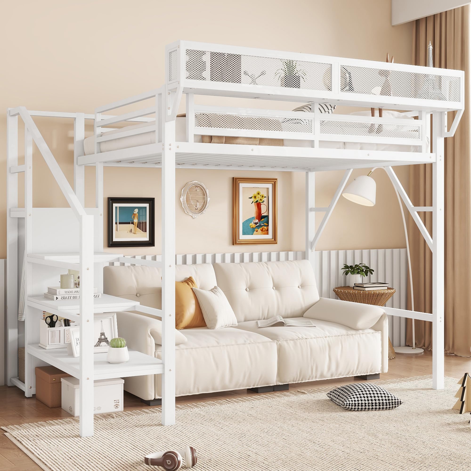 Twin Size Loft Bed with Stairs and Storage, Metal Loft Bed Frame with A Shelf and Large Under-Bed Space, Heavy-Duty Loft Beds for Kids Boys Girls Teens, White