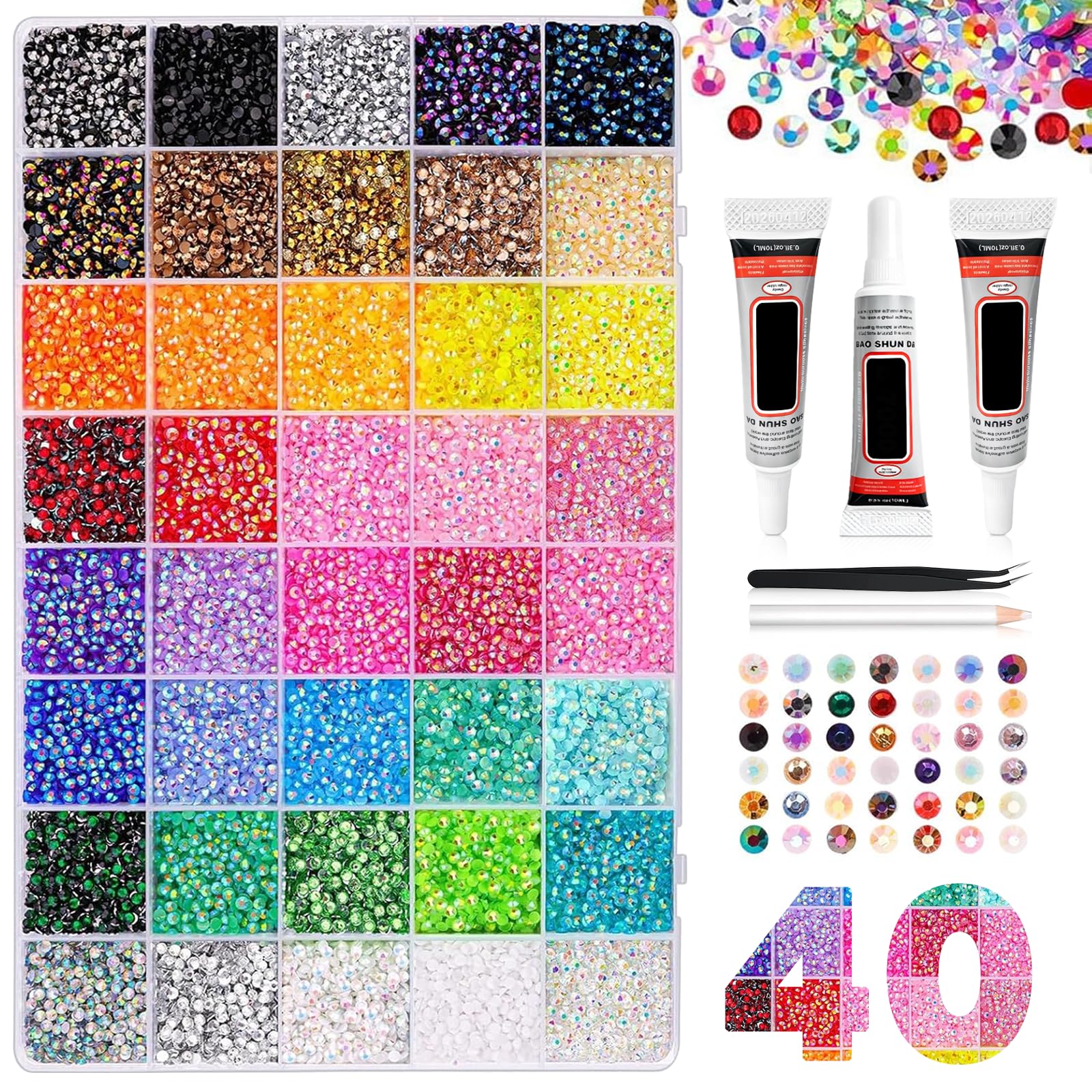 Strass en Résine pour Travaux Manuels: Lot de 32 000 3 mm 40 Couleurs 3 mm Kit éblouissant avec 3 pièces de Colle pour Travaux Manuels Tasses Chaussures Tissu Nail Art