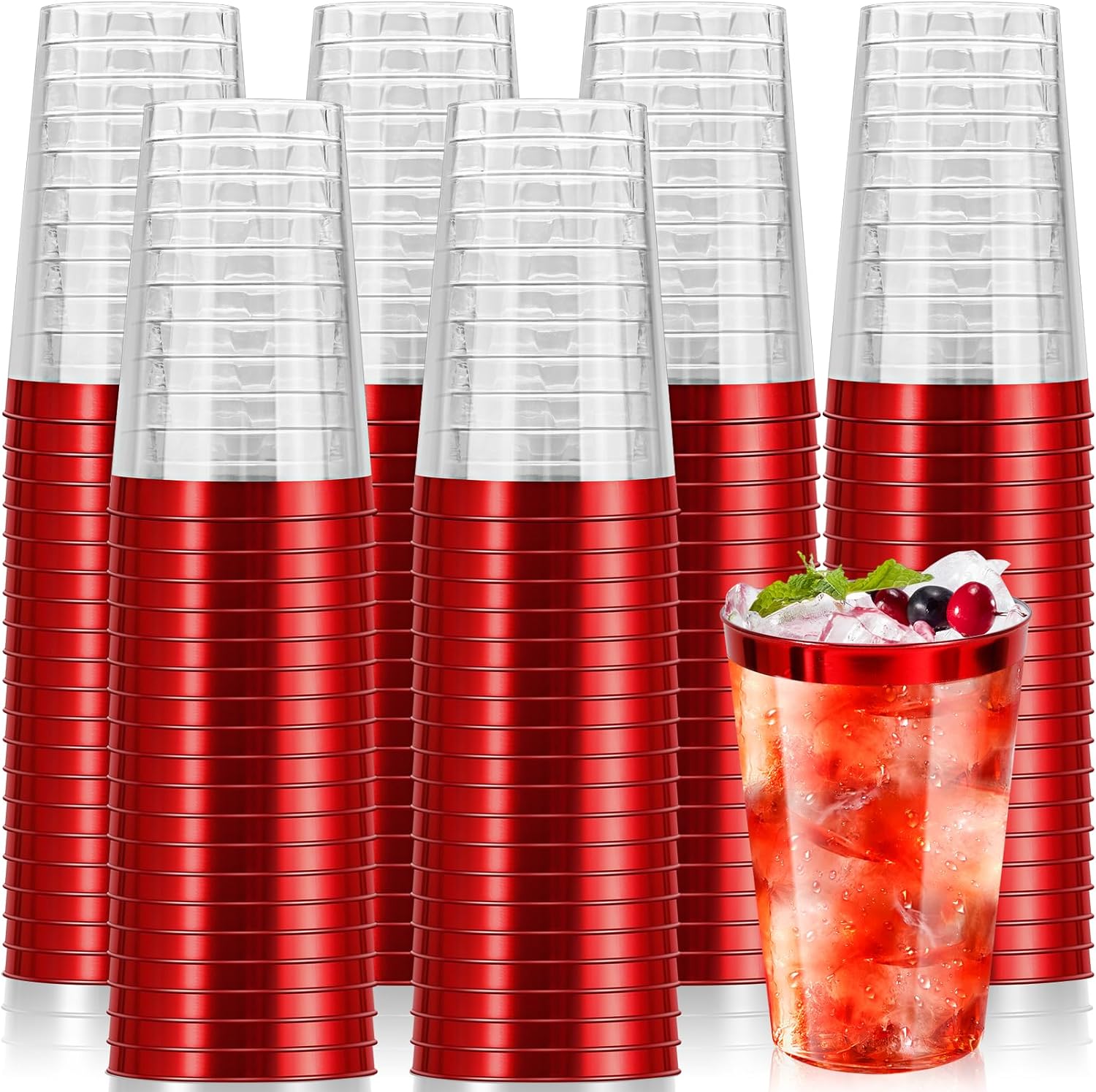 100 Pcs Red Plastic Cups,12 oz Red Rimmed Plastic Cup,Disposable Wine Glasses,Elegant Cocktail Drinking Cup, Clear Party Cups for Wedding Birthday Family Gatherings Holiday