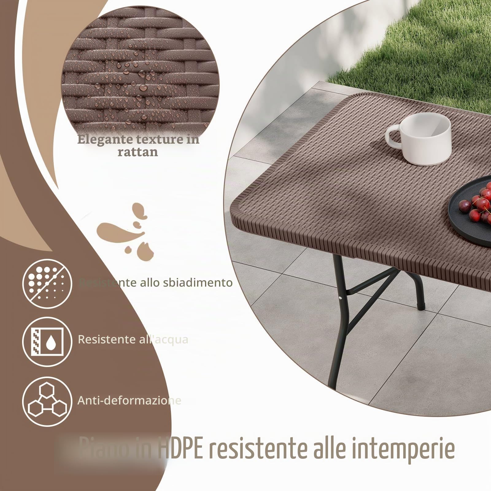 GIANTEX Tavolo da pranzo pieghevole in plastica, effetto rattan e gambe in metallo, 180 x 74 x 75 cm, tavolo portatile per campeggio, picnic, barbecue, giardino