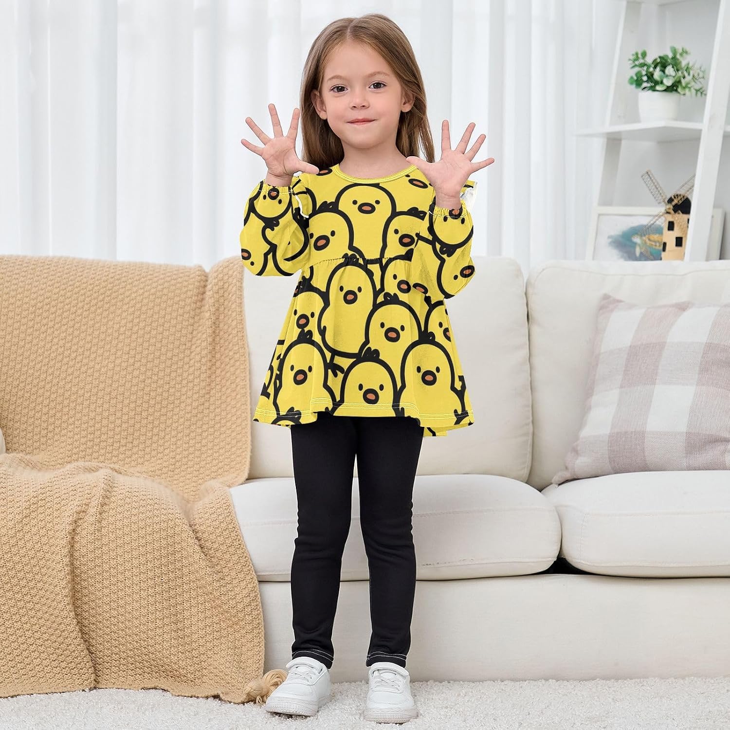 visesunny Toddler Clothes for Girls Vector Yellow Chick Design Long Sleeve Fall Shirts Cotton Top with Ruffle Collar