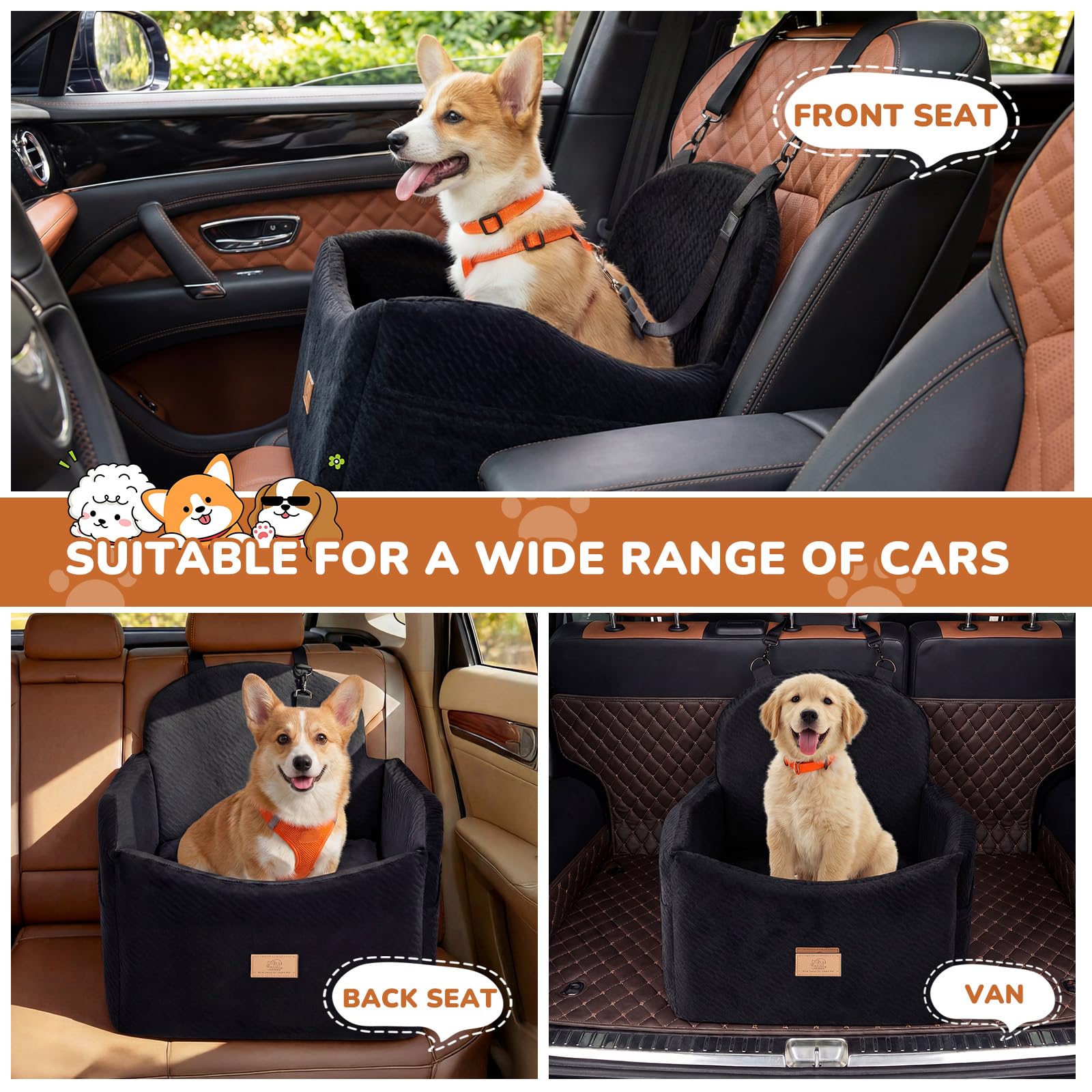 Dog Car Seat for Medium/Small Dogs, Dog Booster Car Seat, Pet Booster Seats Up to 40lbs with Waterproof Layer, 3 Storage Pockets and Safety Belt (Black) - image 2